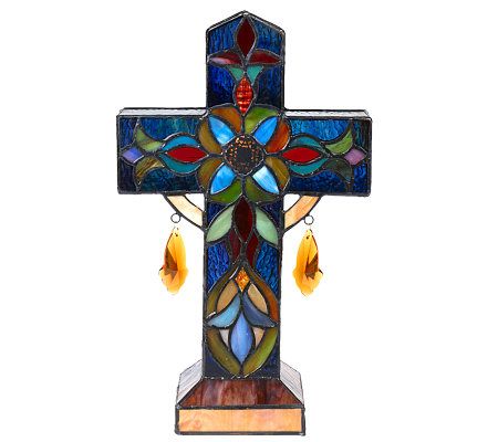 J.J. Peng Stained Glass 13-inch Cross Accent Lamp