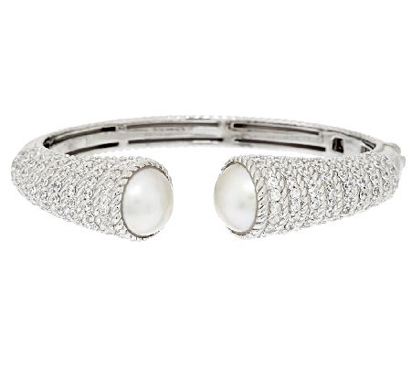 Judith Ripka Sterling 3.75ct Diamonique Hinged Cuff w/ Mabe Pearl
