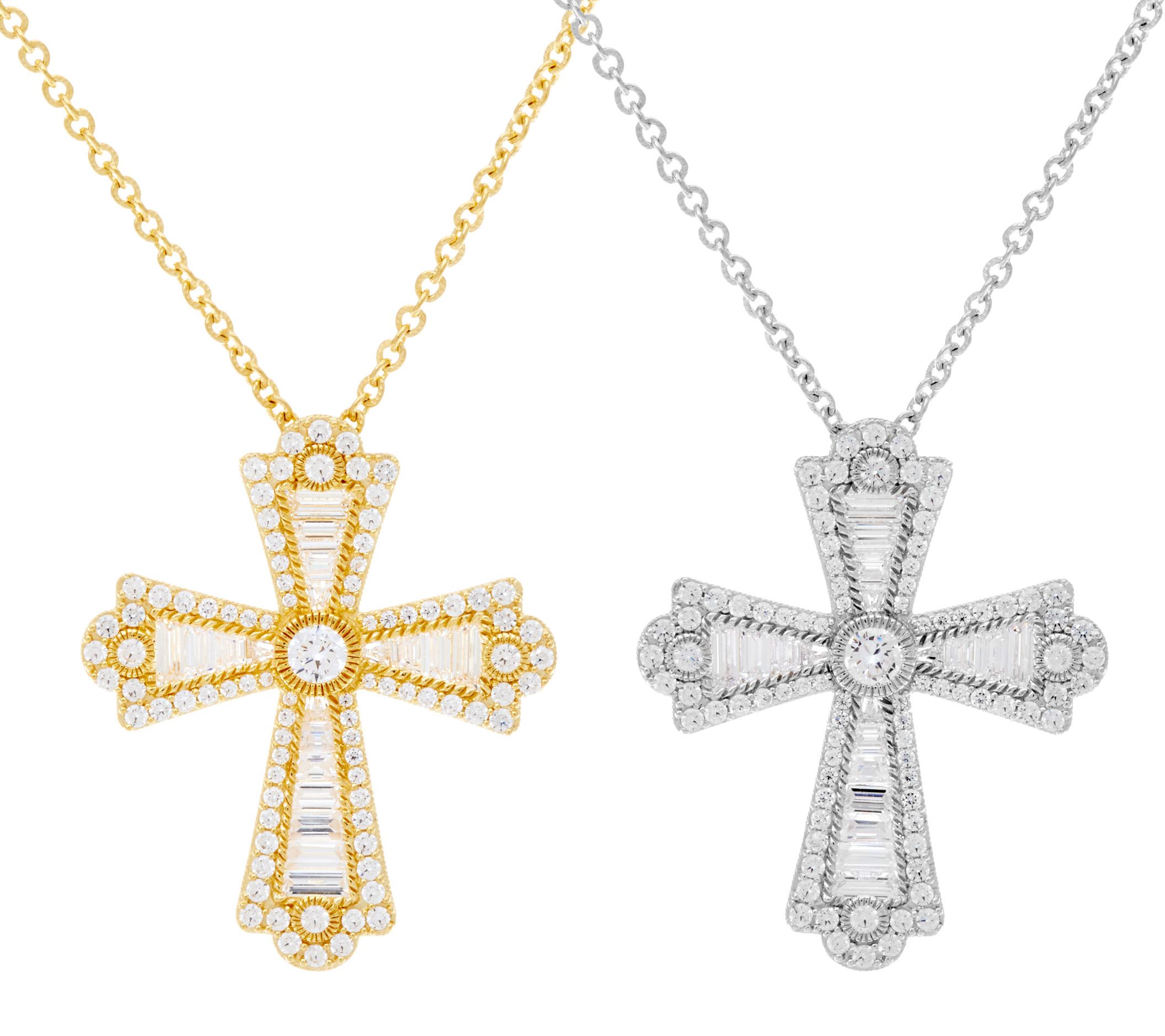 Judith Ripka Sterling or 14K Clad Baguette Cross Necklace —