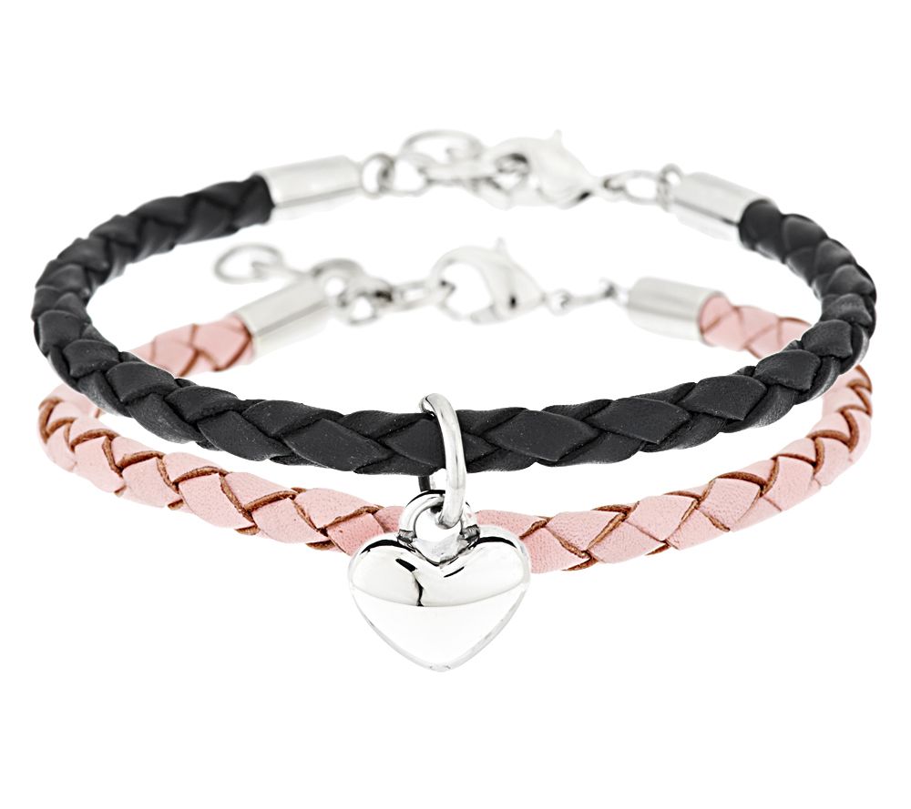 Stainless Steel Set of 2 Leather Bracelets with Heart Charm Page 1