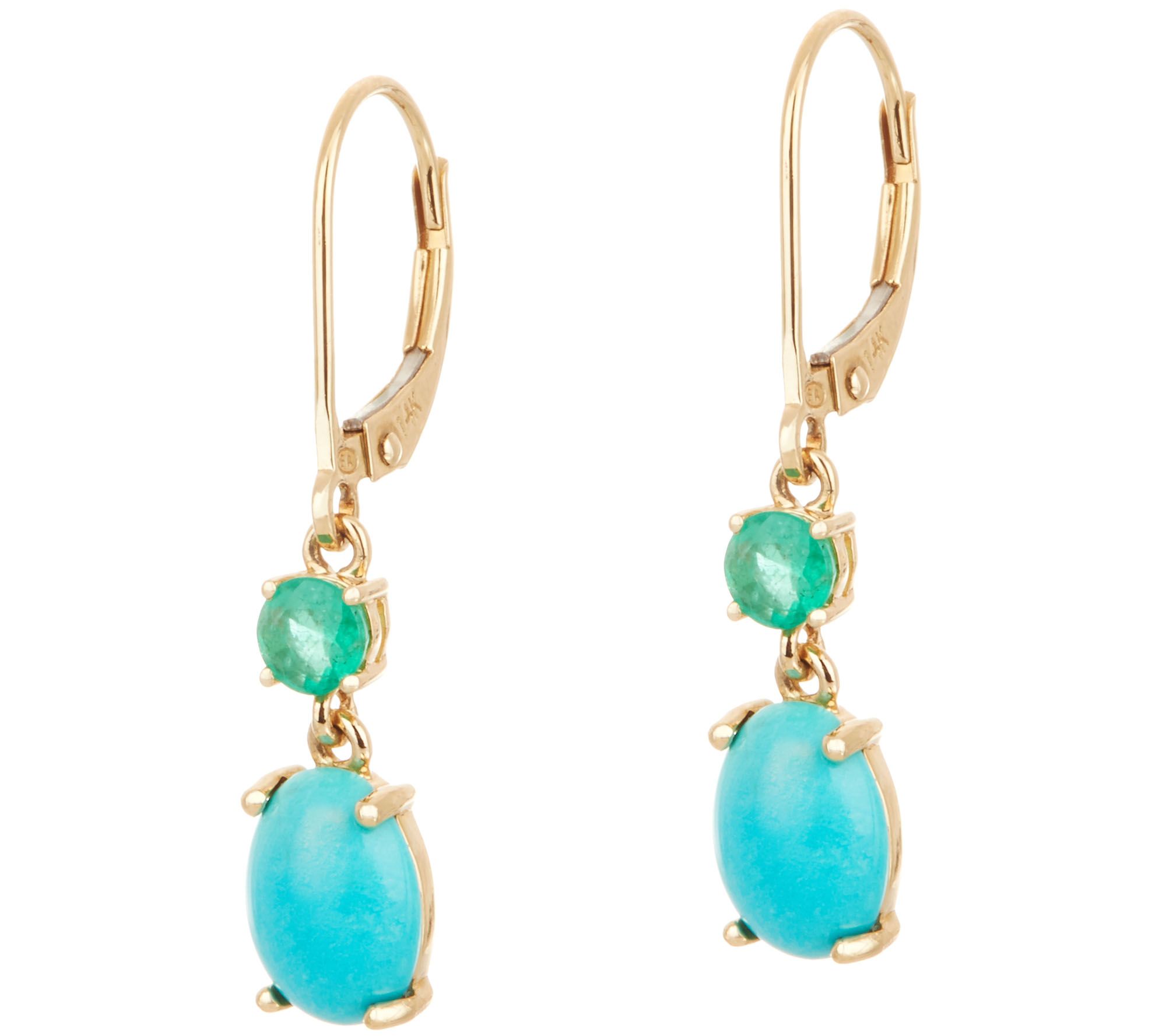 Sleeping Beauty Turquoise & Emerald Drop Earrings 14K Gold —