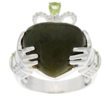 Connemara Marble and Sterling Silver Claddagh Ring wPeridot