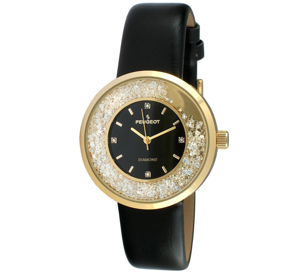 Peugeot Women's Goldtone Diamond Marker Black Leather Watch —