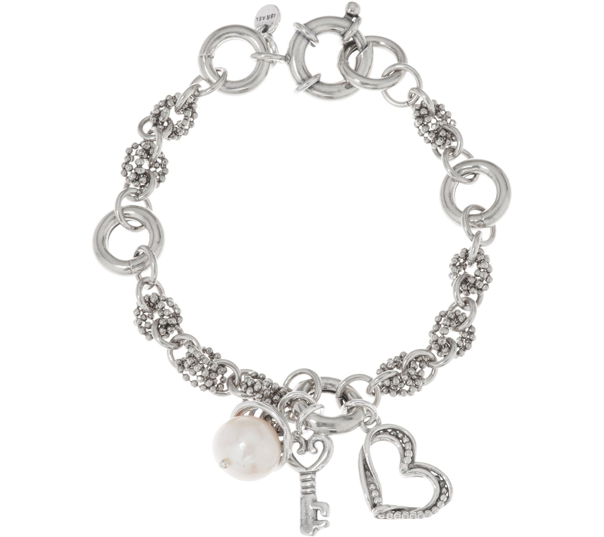Sterling Silver Cultured Pearl & Heart Charm Bracelet by Or Paz —