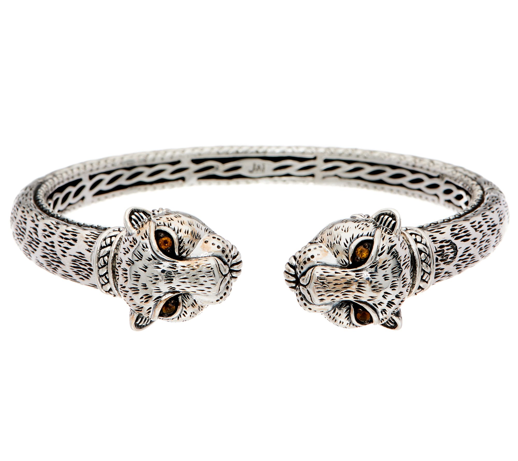 JAI Sterling Silver Double Head Leopard Hinged Cuff Bracelet —