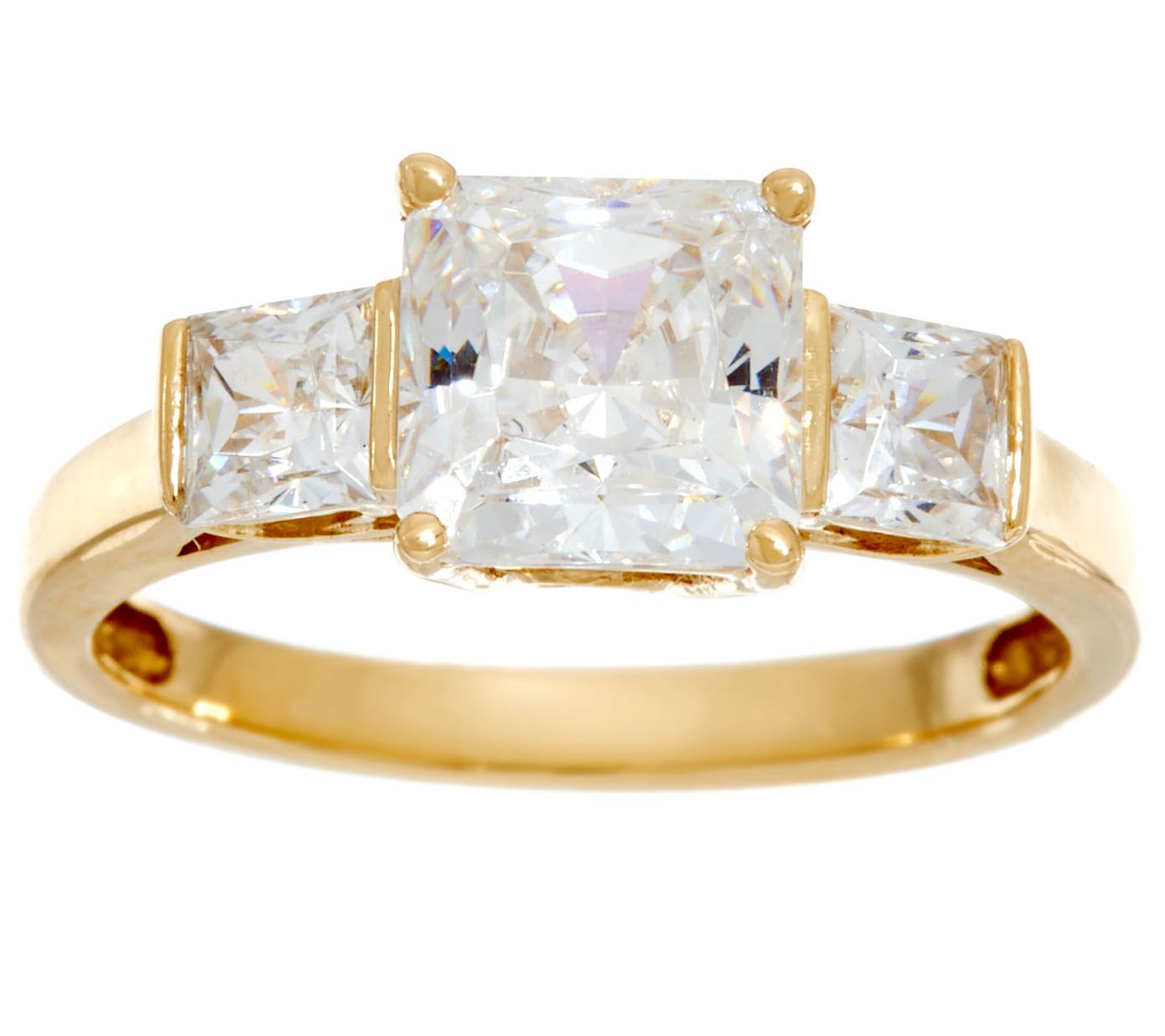Diamonique Three Stone Princess Cut Ring, 14K Gold Page 1 —