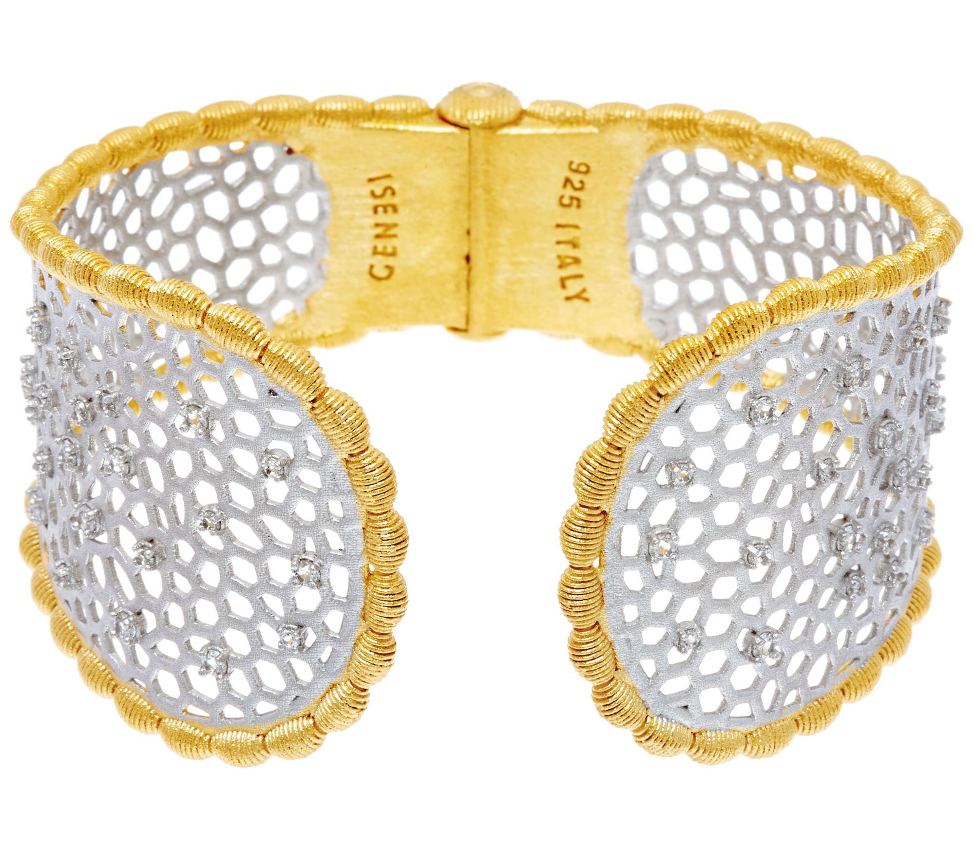 Genesi 18K Clad White Topaz Graduated Hinged Cuff Bracelet, 42.3g - J330193