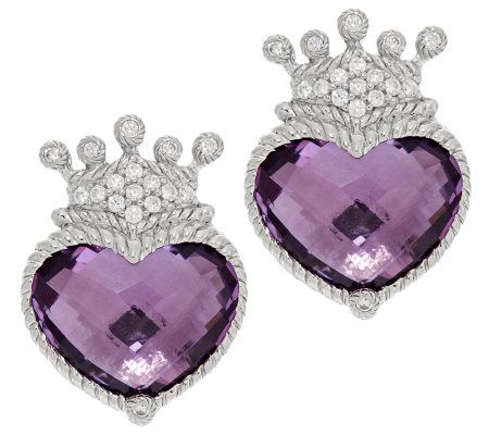 Judith Ripka Sterling 11.0ct Amethyst Heart & Diamonique Crown Earrings - J288096