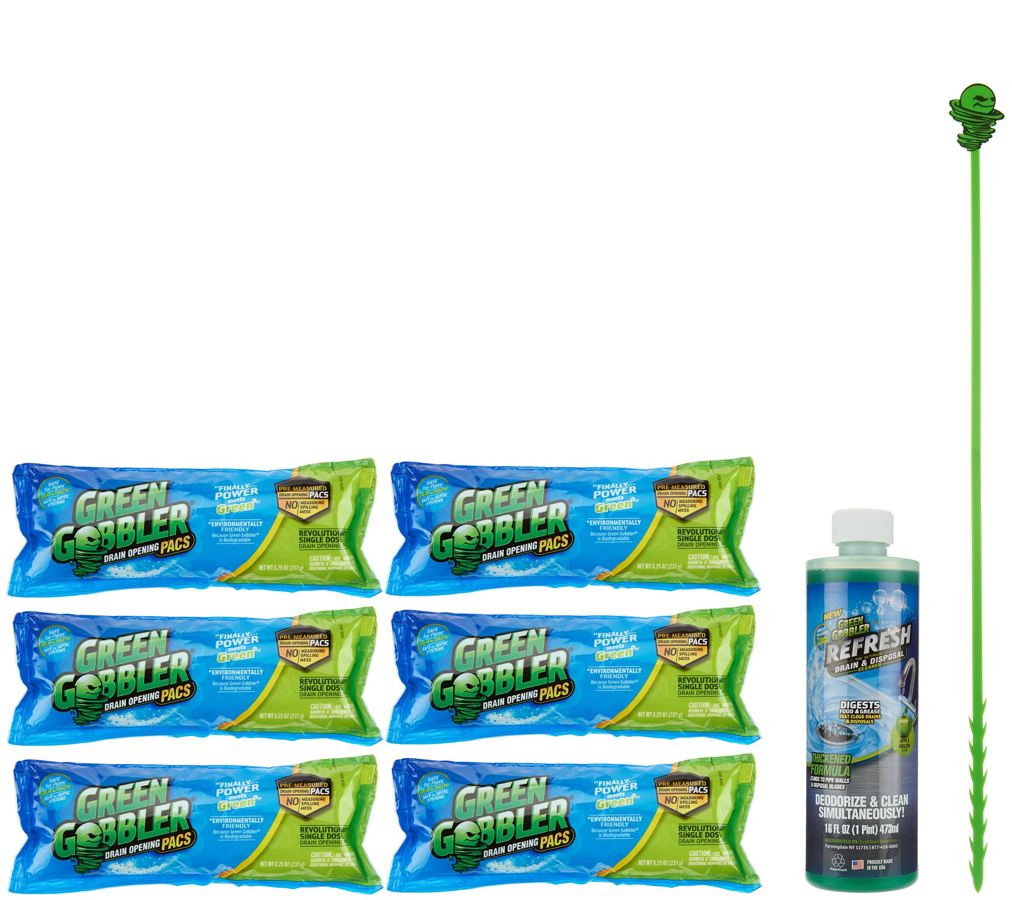 Green Gobbler Set/6 Drain Cleaner Packets & 16oz Refresh Drain
