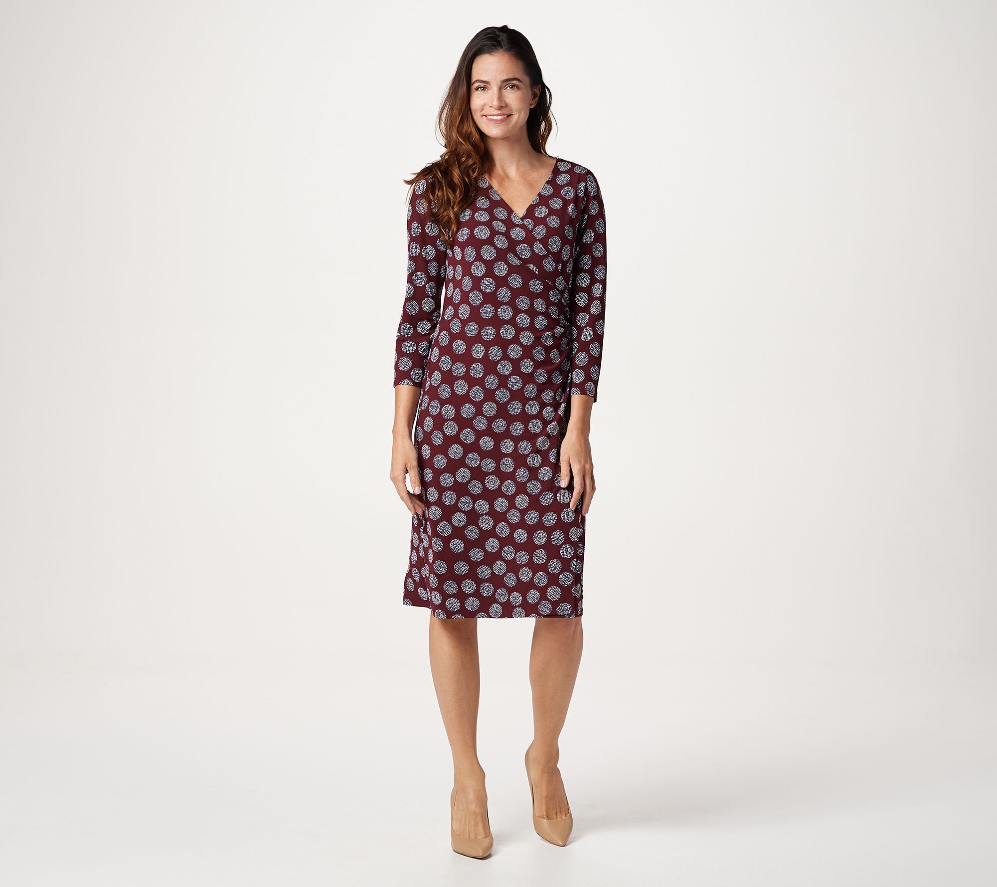 susan graver printed liquid knit elbow sleeve dress