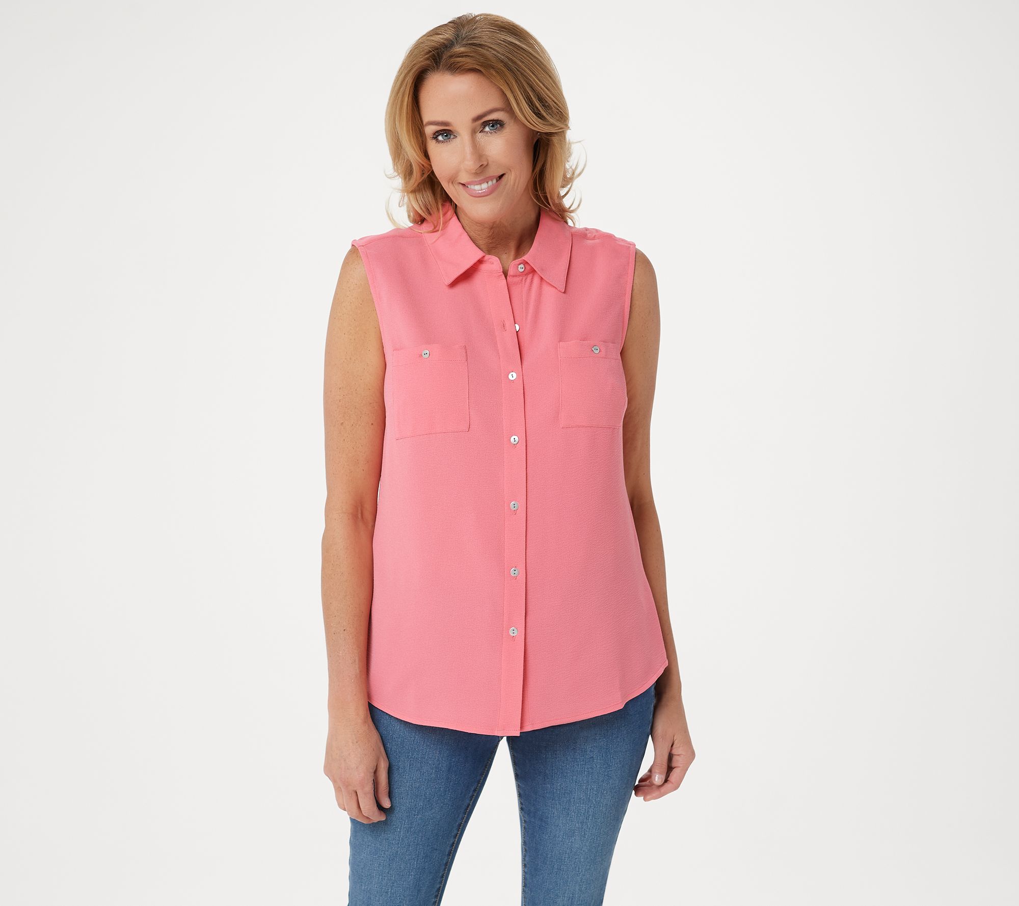 Denim & Co. Button Front Sleeveless Shirt with Shirttail Hem