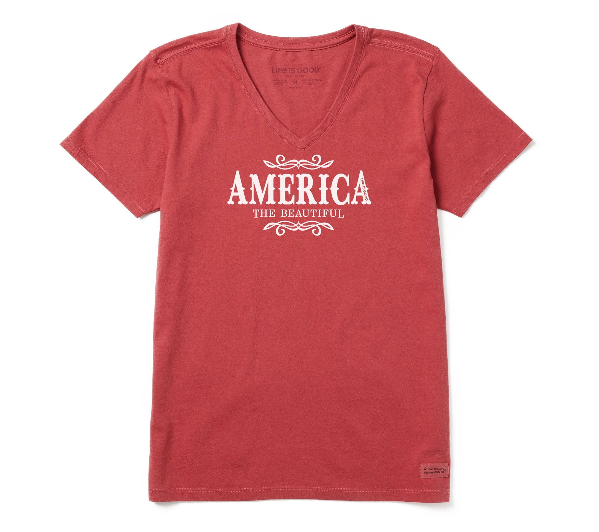 Life is Good Women's Wordsmith America The Beautiful Short Sleeve Crusher Vee in Faded Red | Size XS | Cotton/Polyester