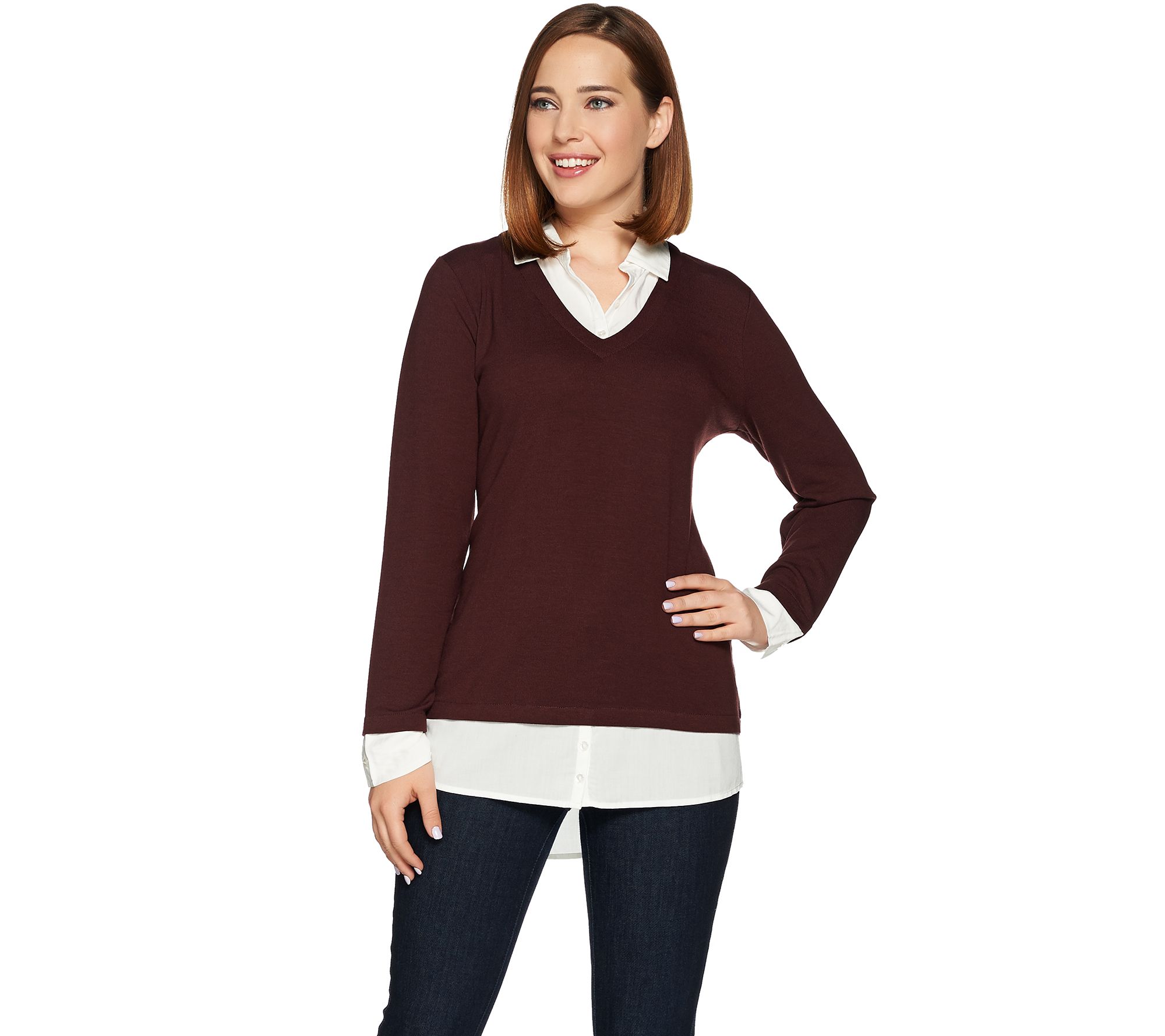 Kelly by Clinton Kelly Mock-Layer V-Neck Sweater - Page 1 — QVC.com