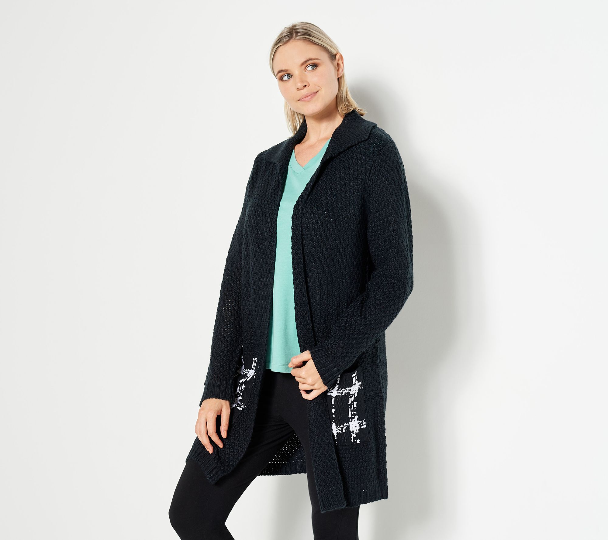 Truth + Style Knit Cardigan with Woven Patch Pockets