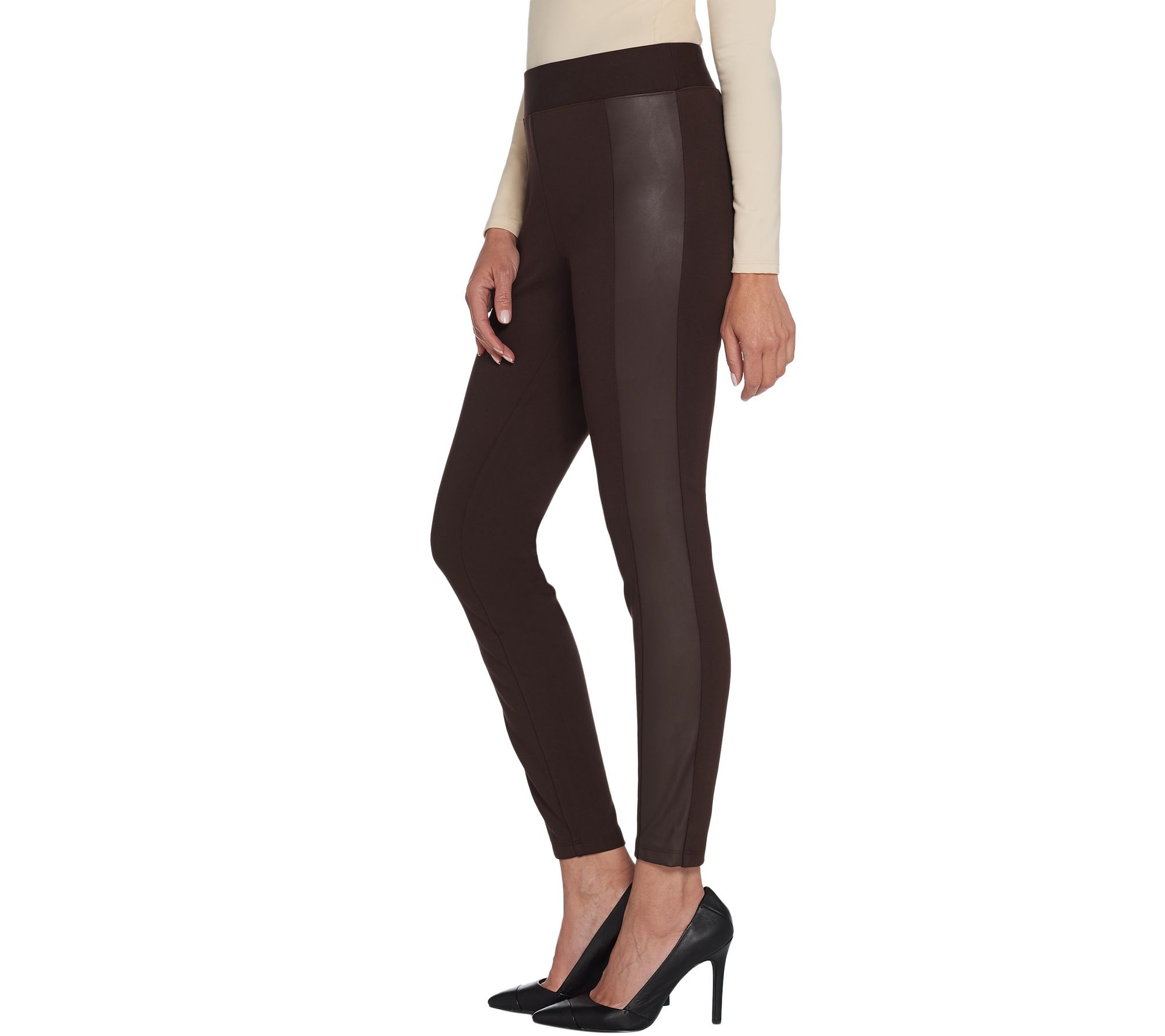 H by Halston Regular Ponte Leggings with Faux Leather Details — QVC.com