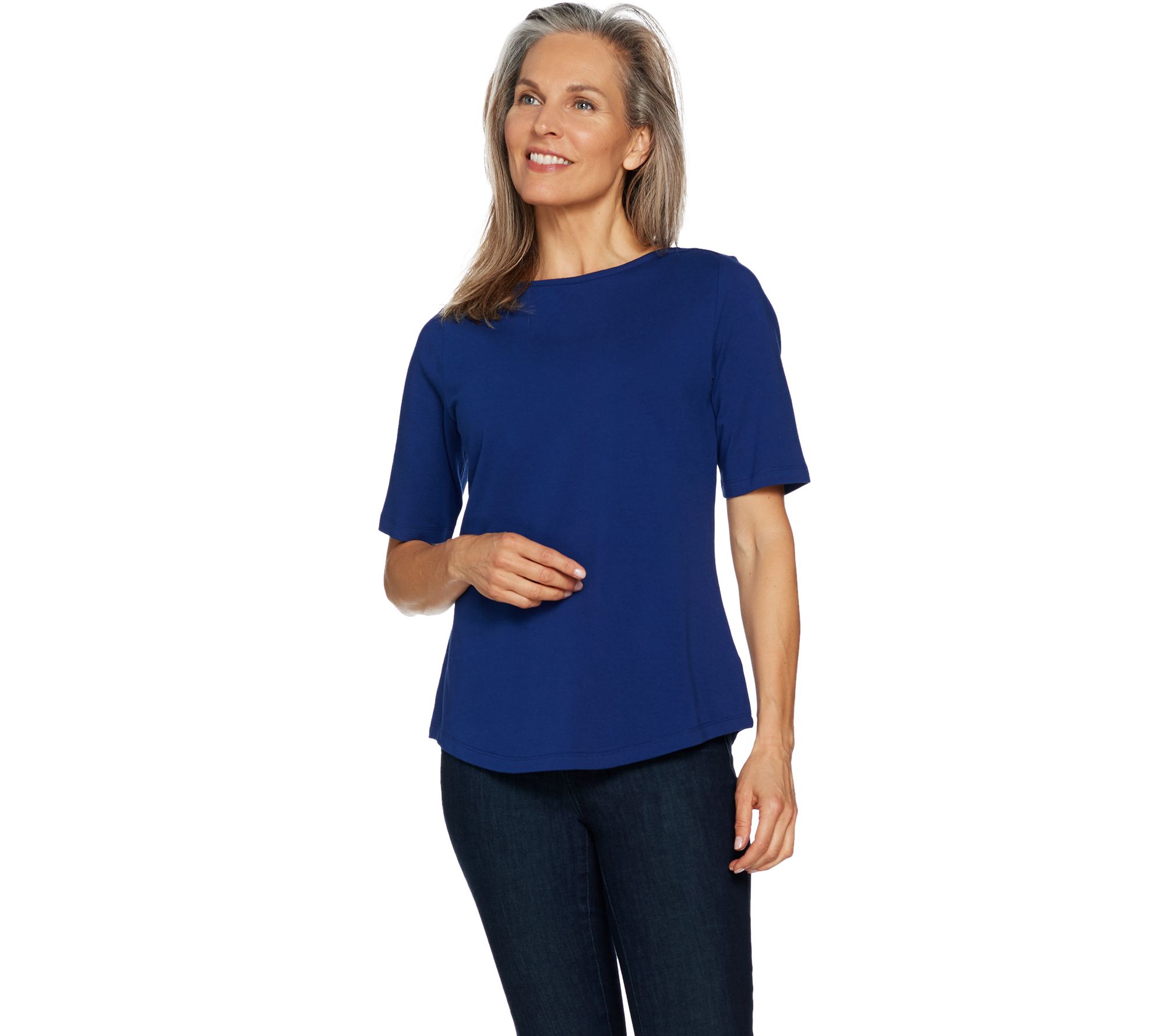 Denim & Co. Essentials Elbow Sleeve Top with Curved Hem Page 1 —