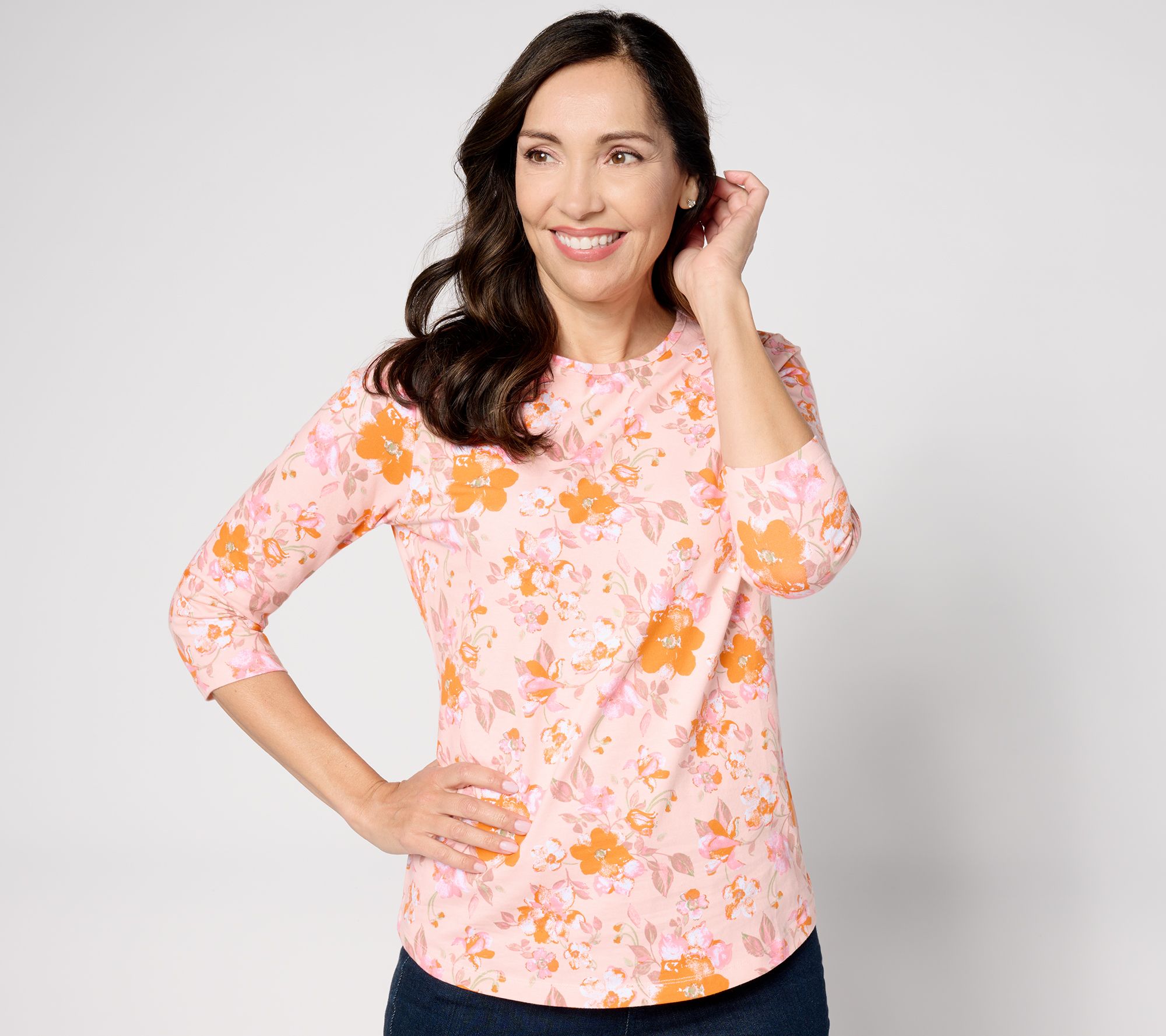 Denim & Co. Printed Perfect Jersey Crew Neck 3/ 4 Sleeve Top