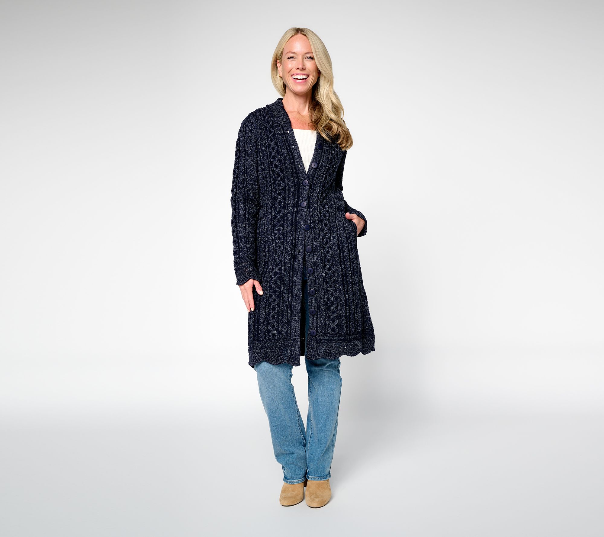 Aran Crafts Merino Wool Long Button Front Cardigan