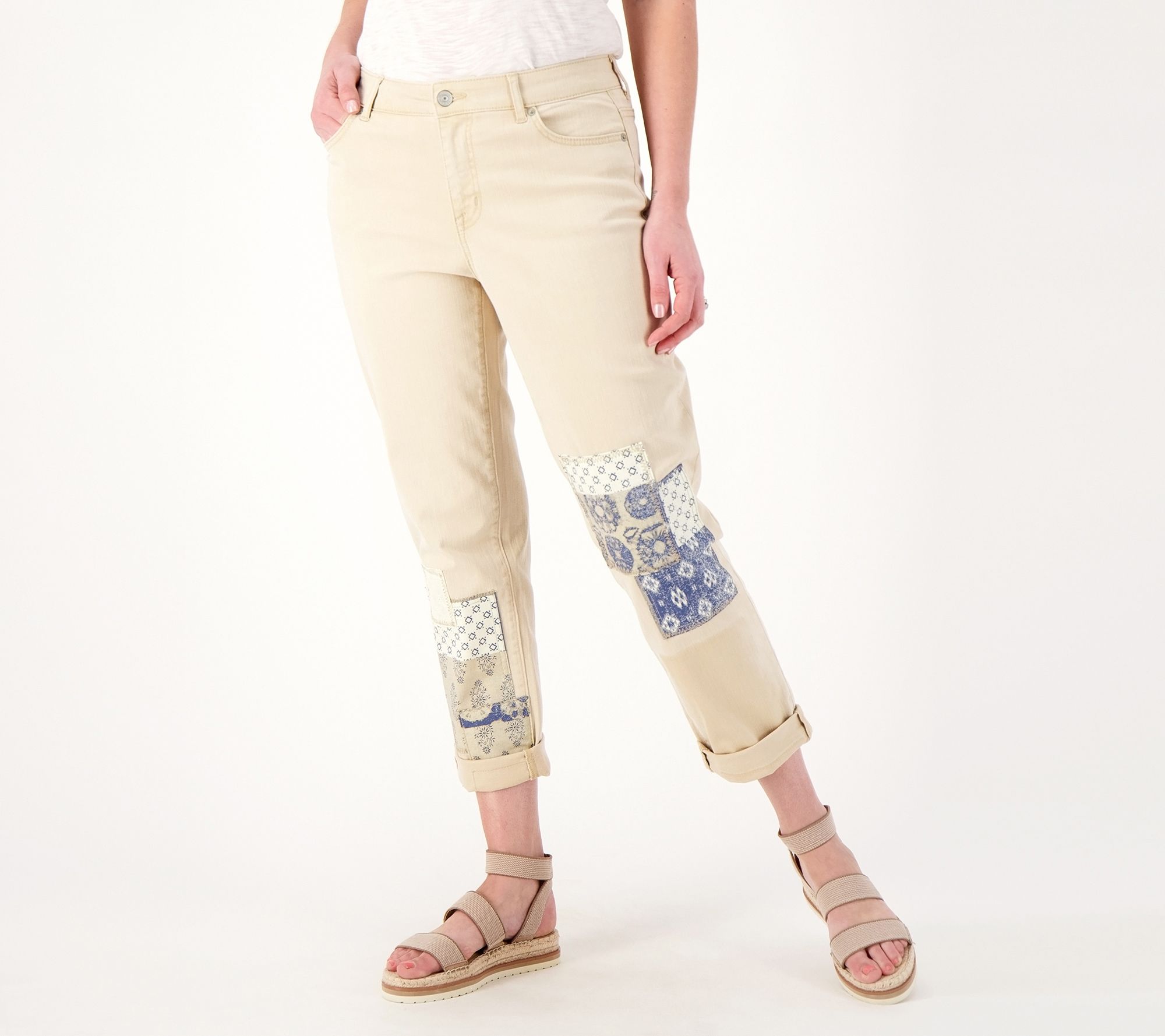 LOGO by Lori Goldstein Petite Twill Patchwork Boyfriend Jeans