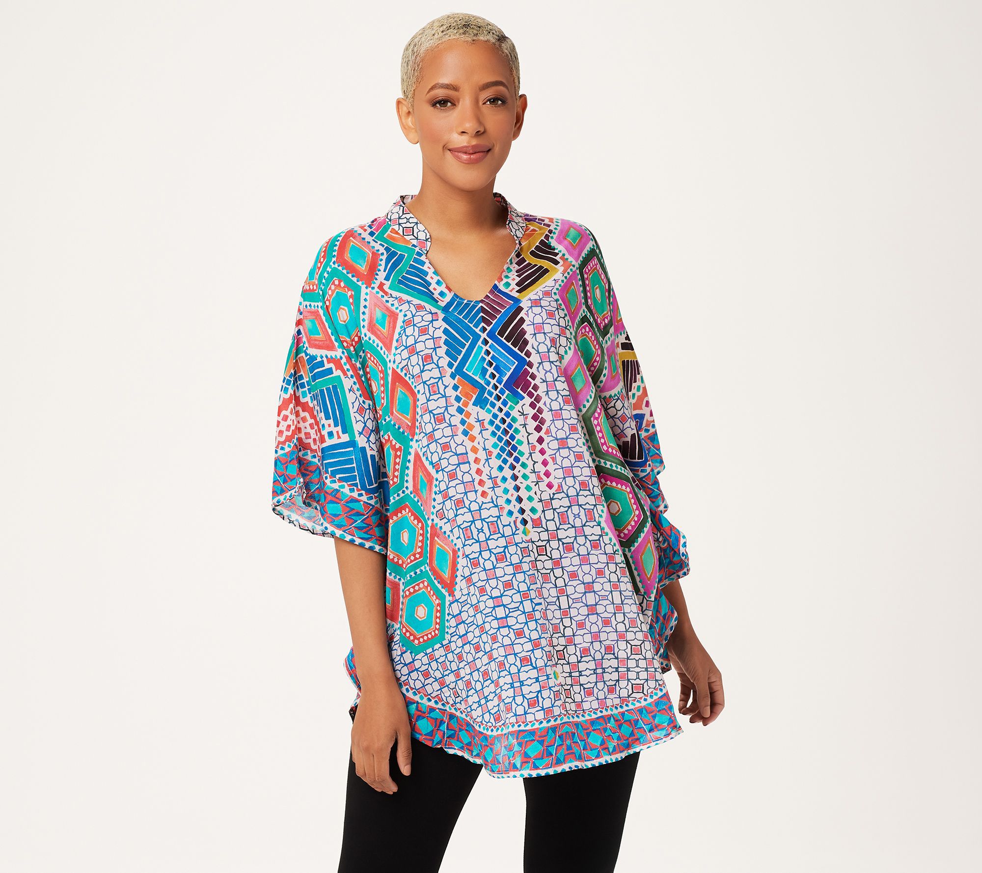 Tolani Collection Mandarin Collar Printed Woven Caftan Tunic Page 1