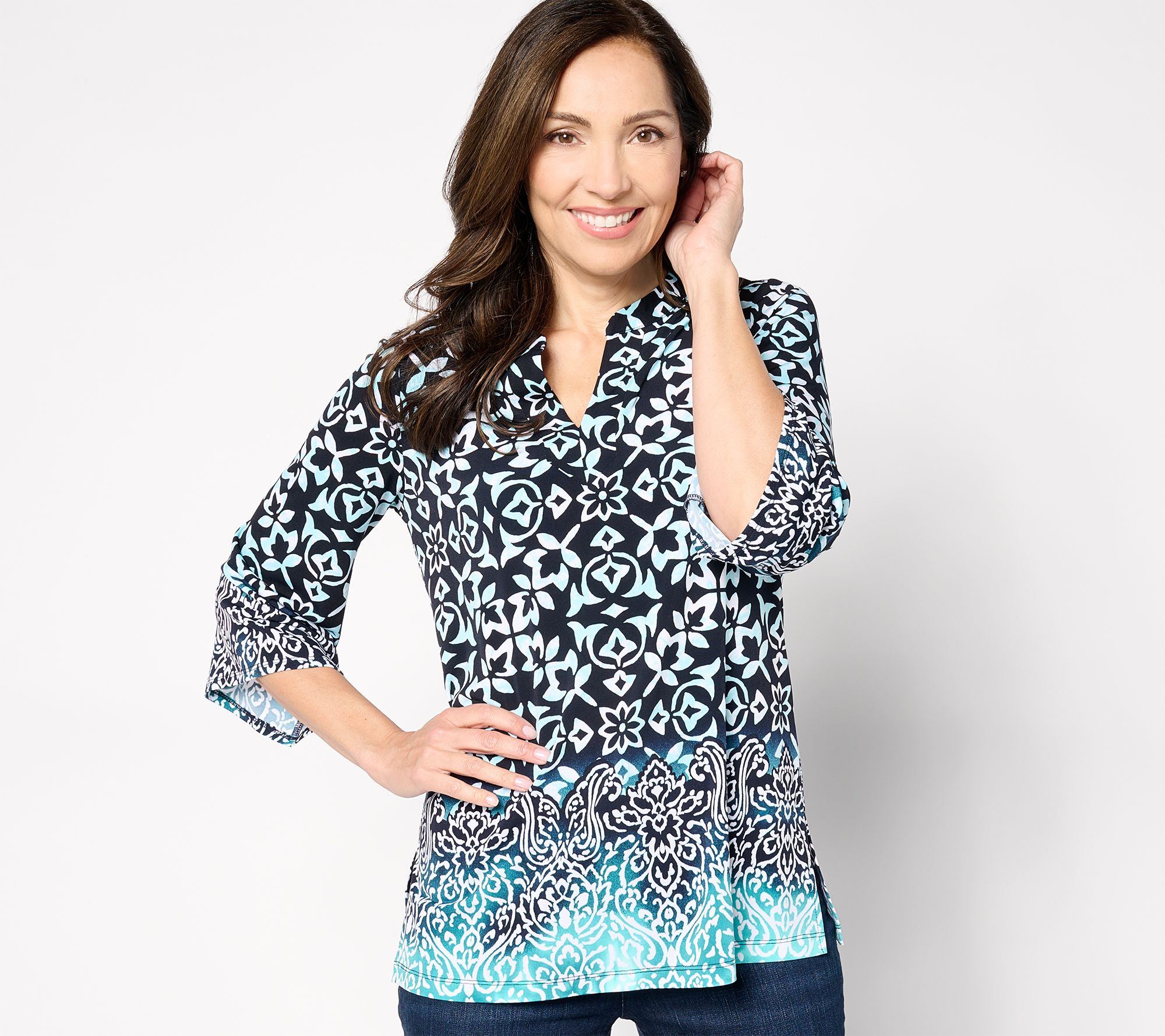 Susan Graver Petite Printed Liquid Knit Split- Neck Tunic