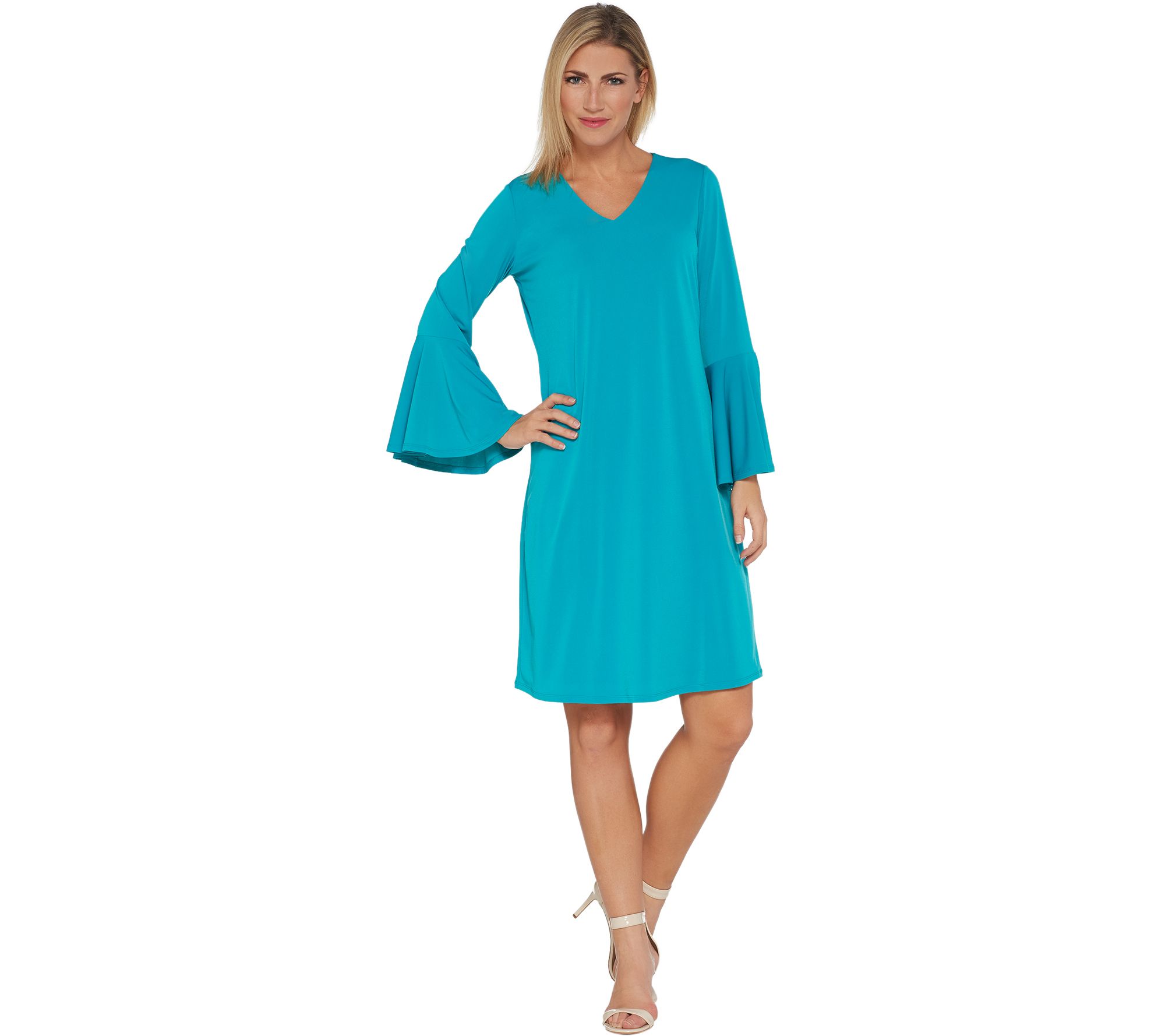 teal bell sleeve dress