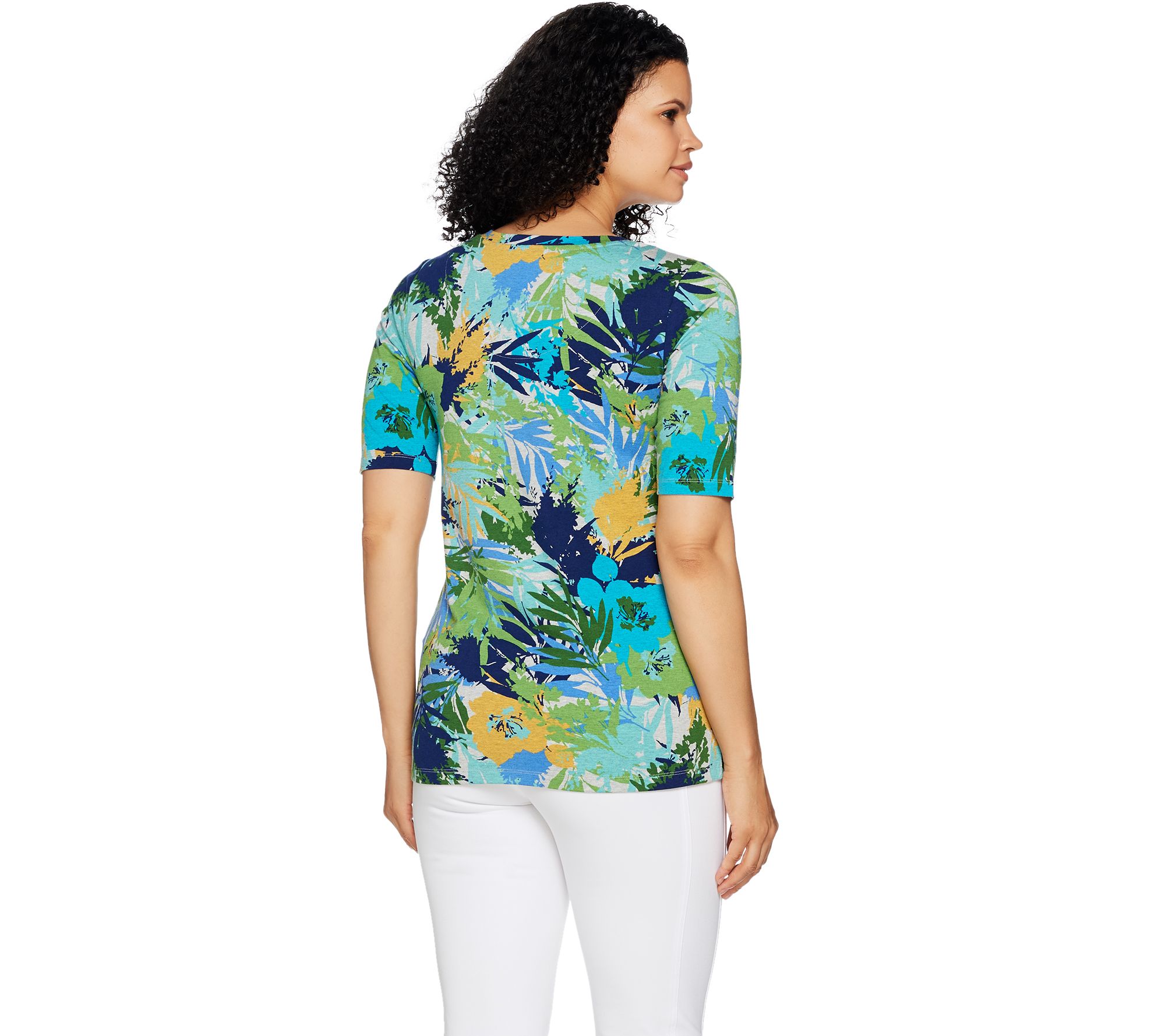 Denim & Co. Active Tropical Print Elbow Sleeve VNeck Top Page 1