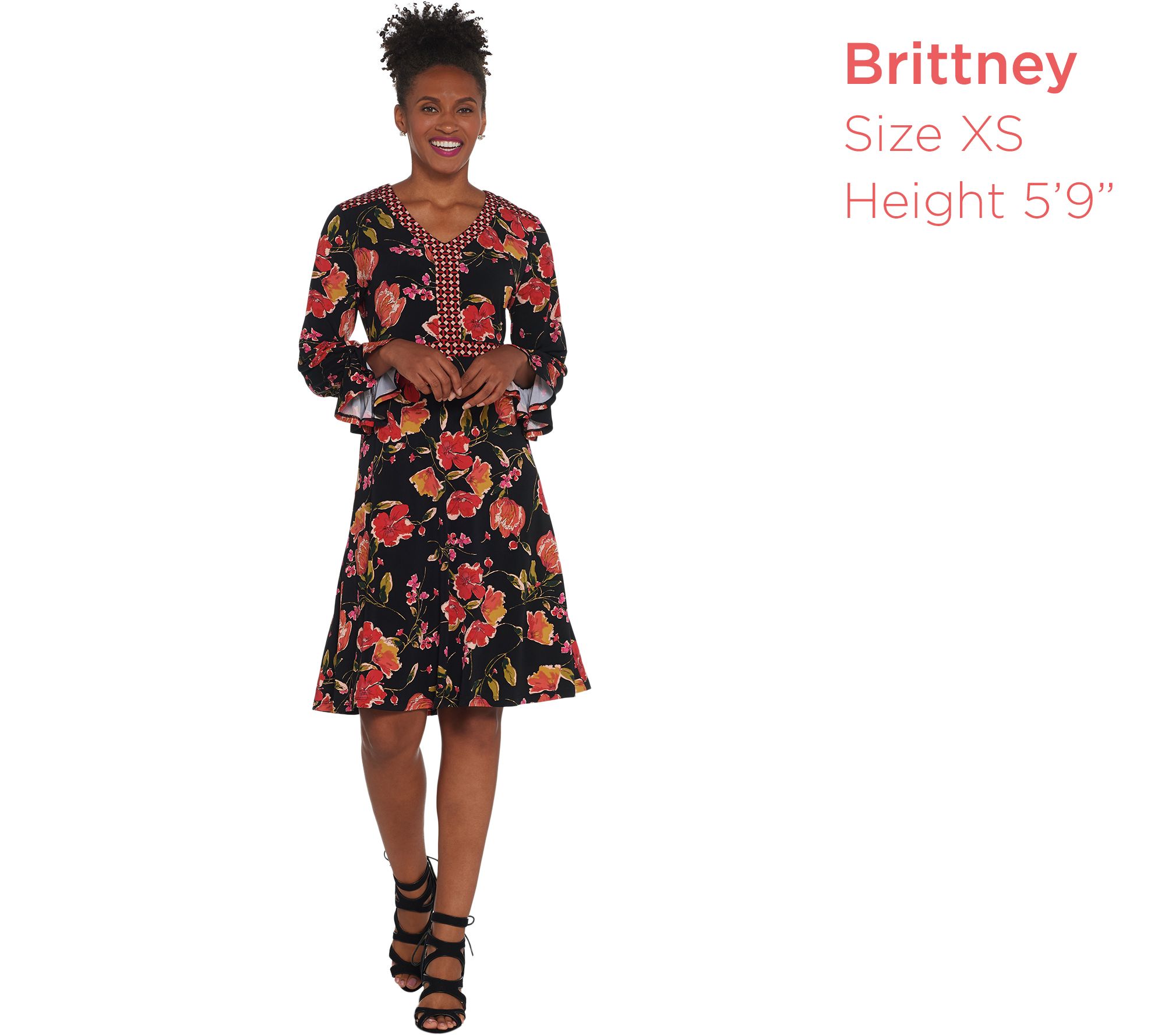 susan graver printed liquid knit elbow sleeve dress