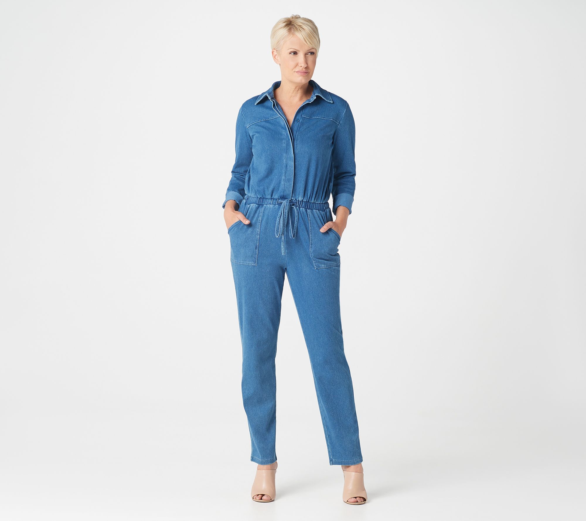 women's petite denim jumpsuit