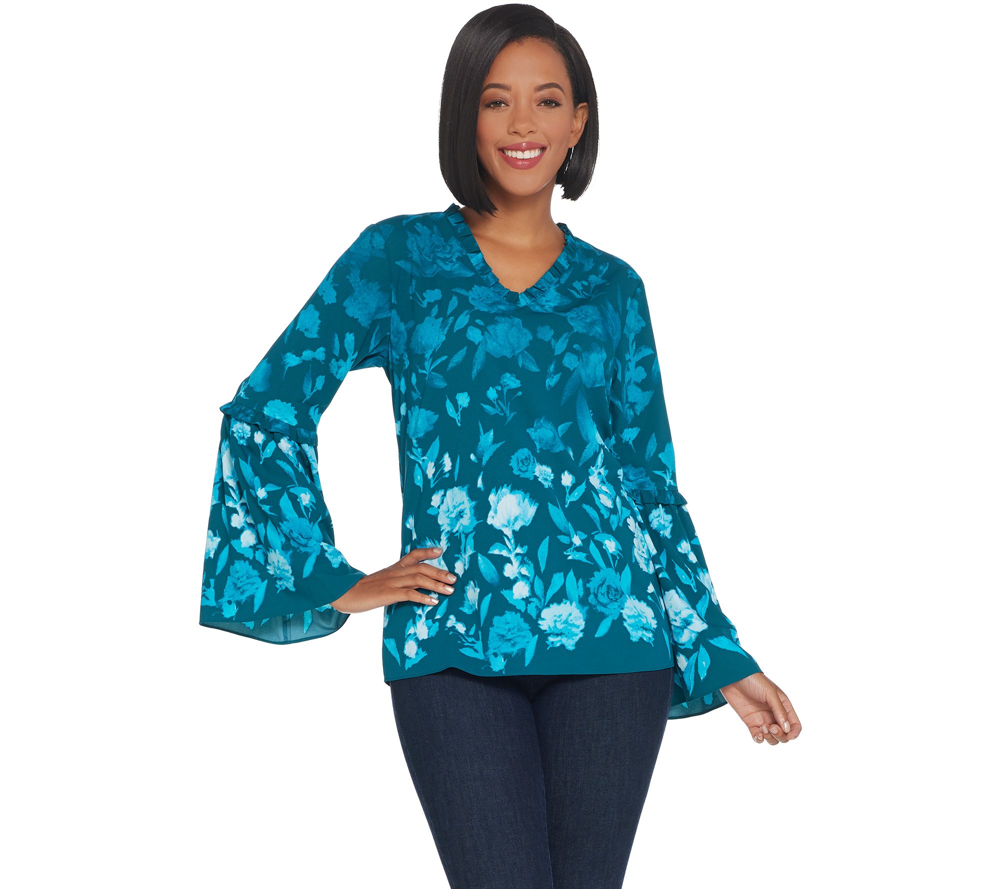 "As Is" Belle by Kim Gravel Ruffle VNeck Shadow Print Blouse —