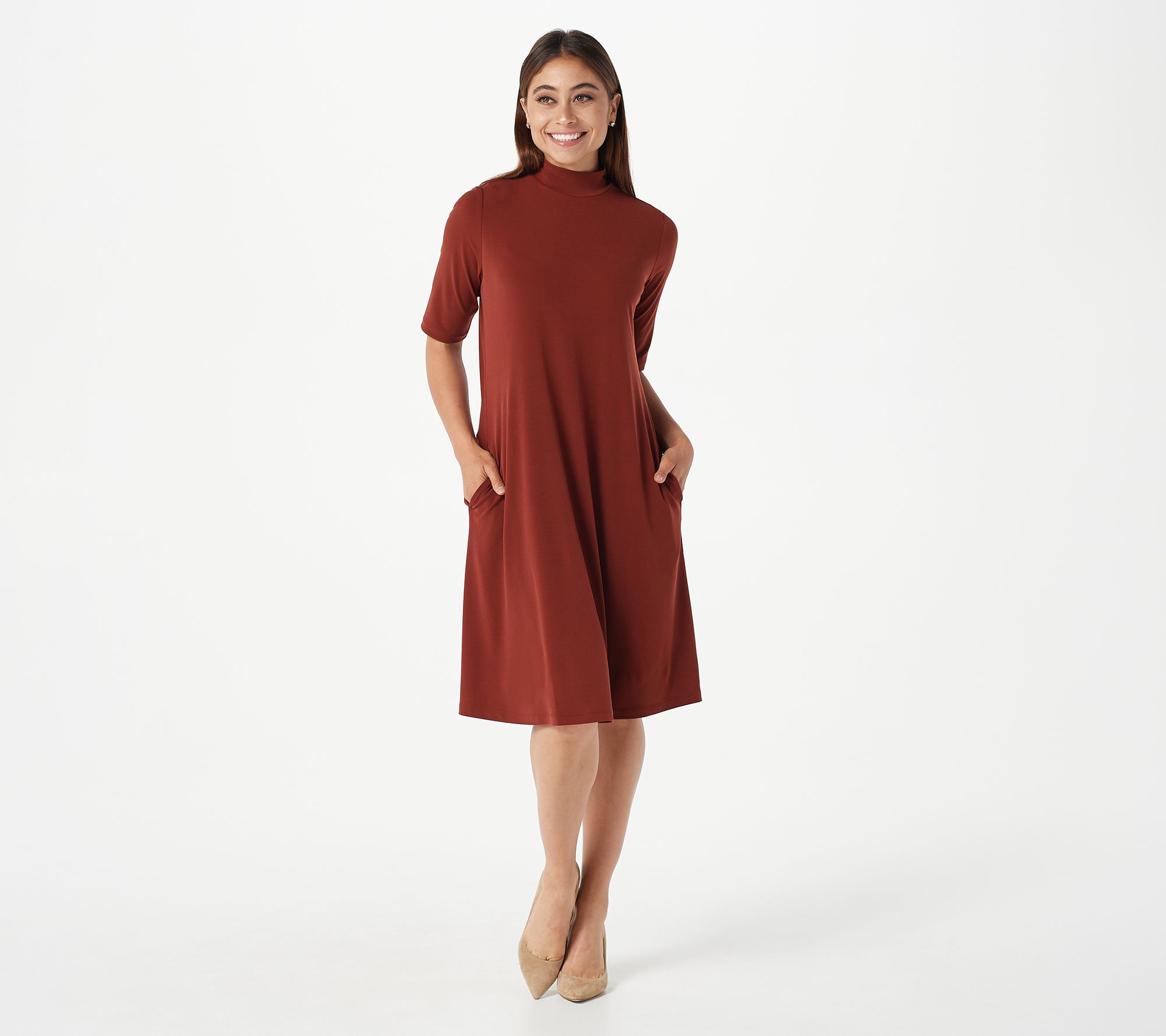 Susan Graver Liquid Knit Mock-Neck Elbow-Sleeve Dress