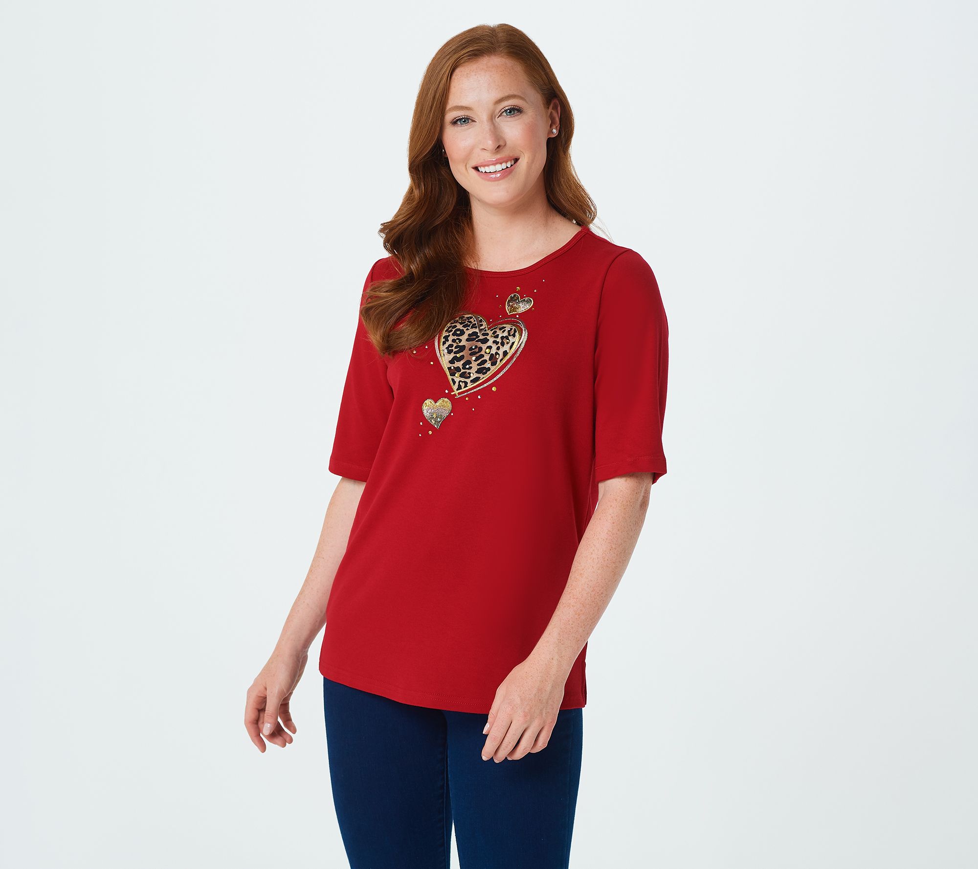 Quacker Factory Leopard Print Applique Elbow Sleeve Knit Top