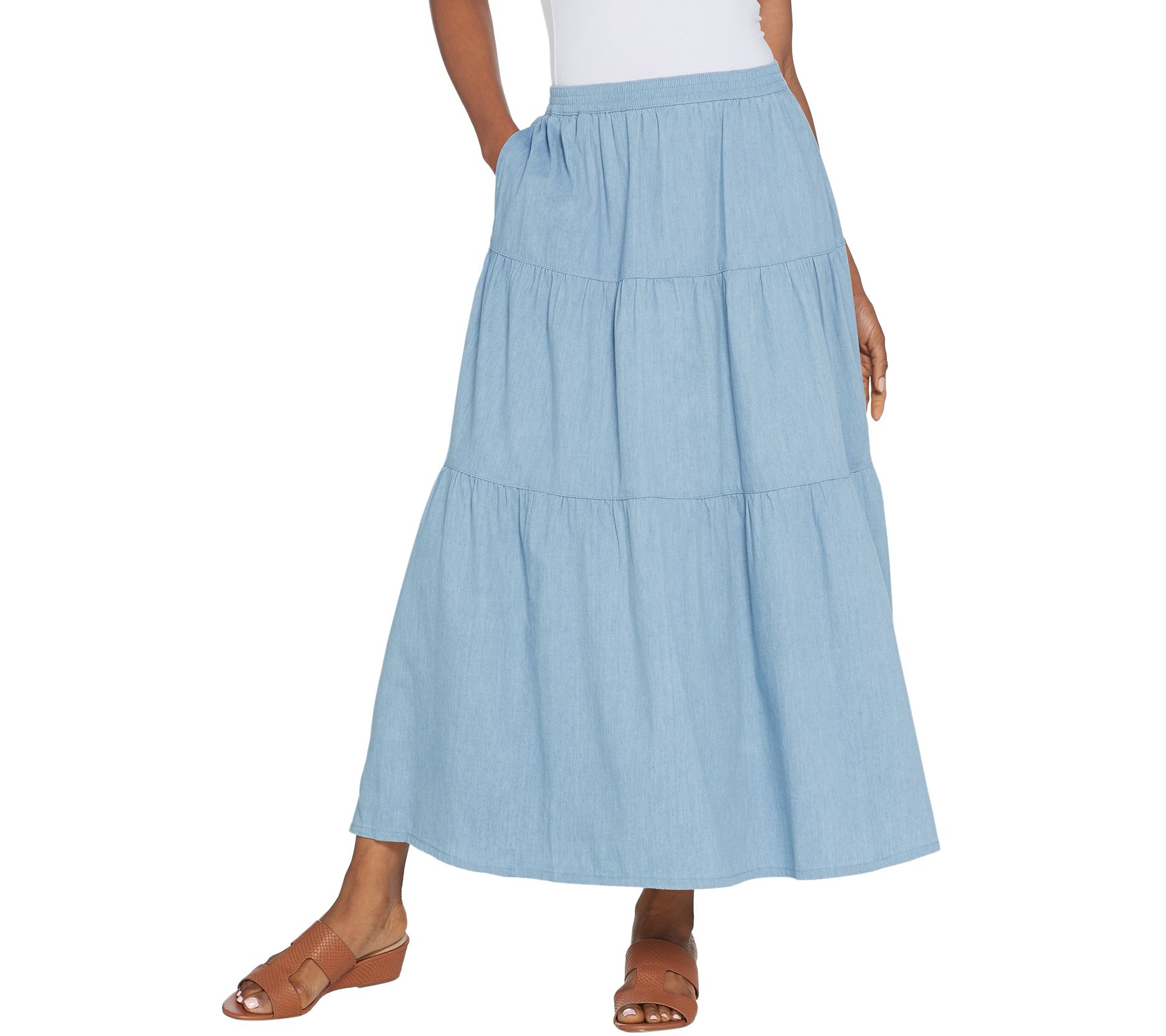 Denim & Co. Regular Stretch Chambray Tiered PullOn Maxi Skirt Page 1