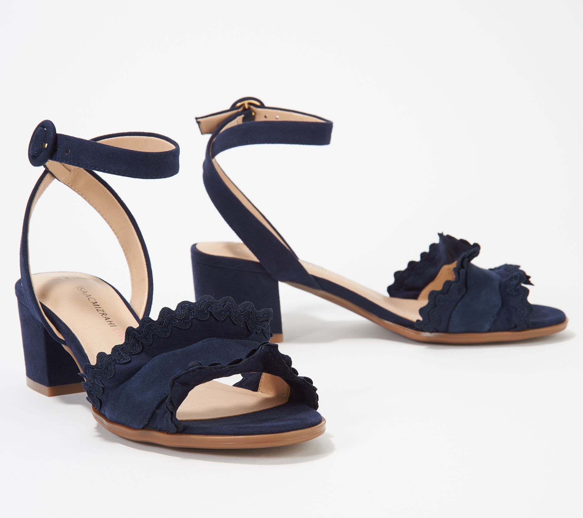 Suede Block Heel Sandals with Ruffle 