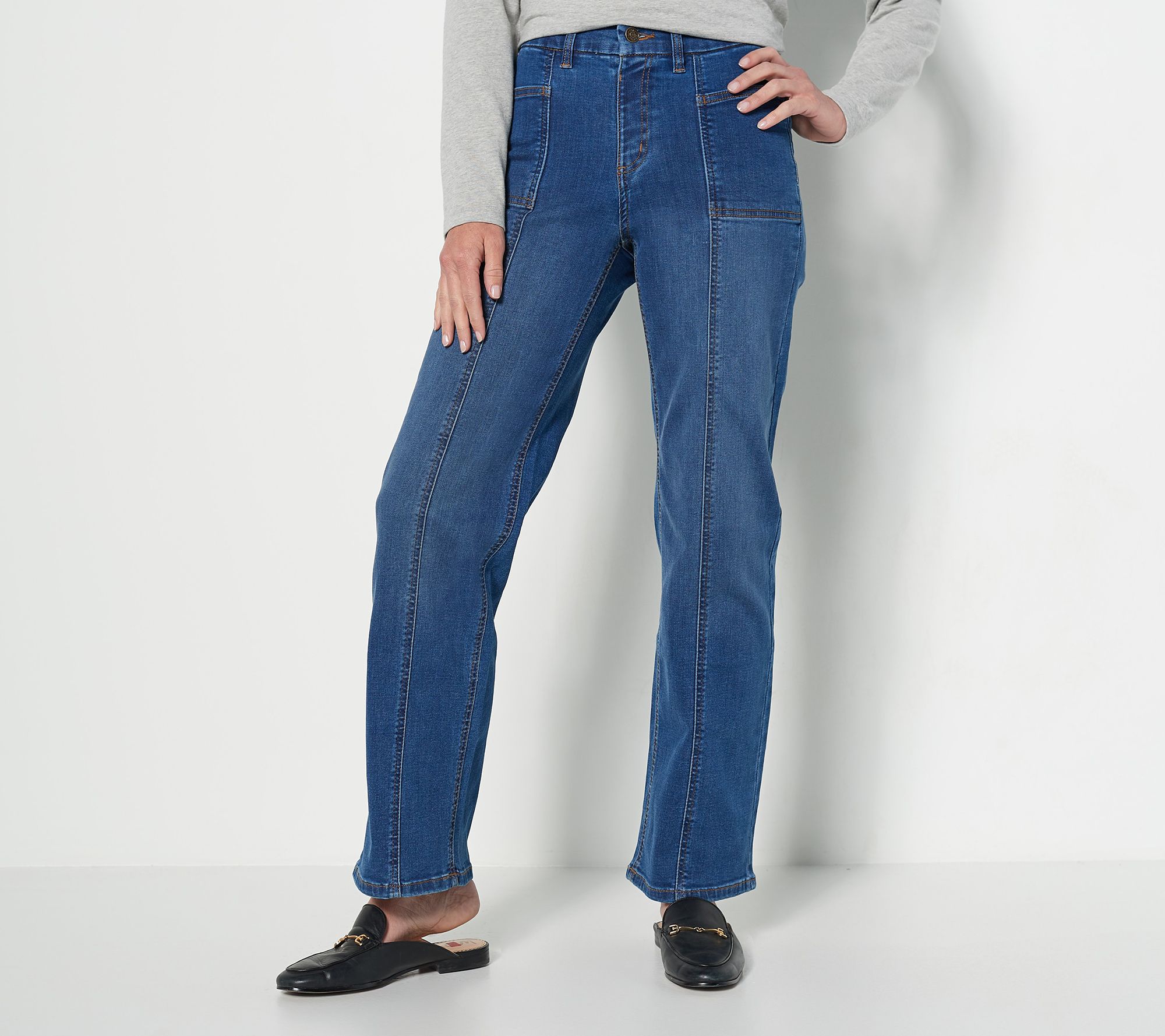 Denim & Co. Easy Stretch Regular Wide-Leg Jeans with Seam Dtl