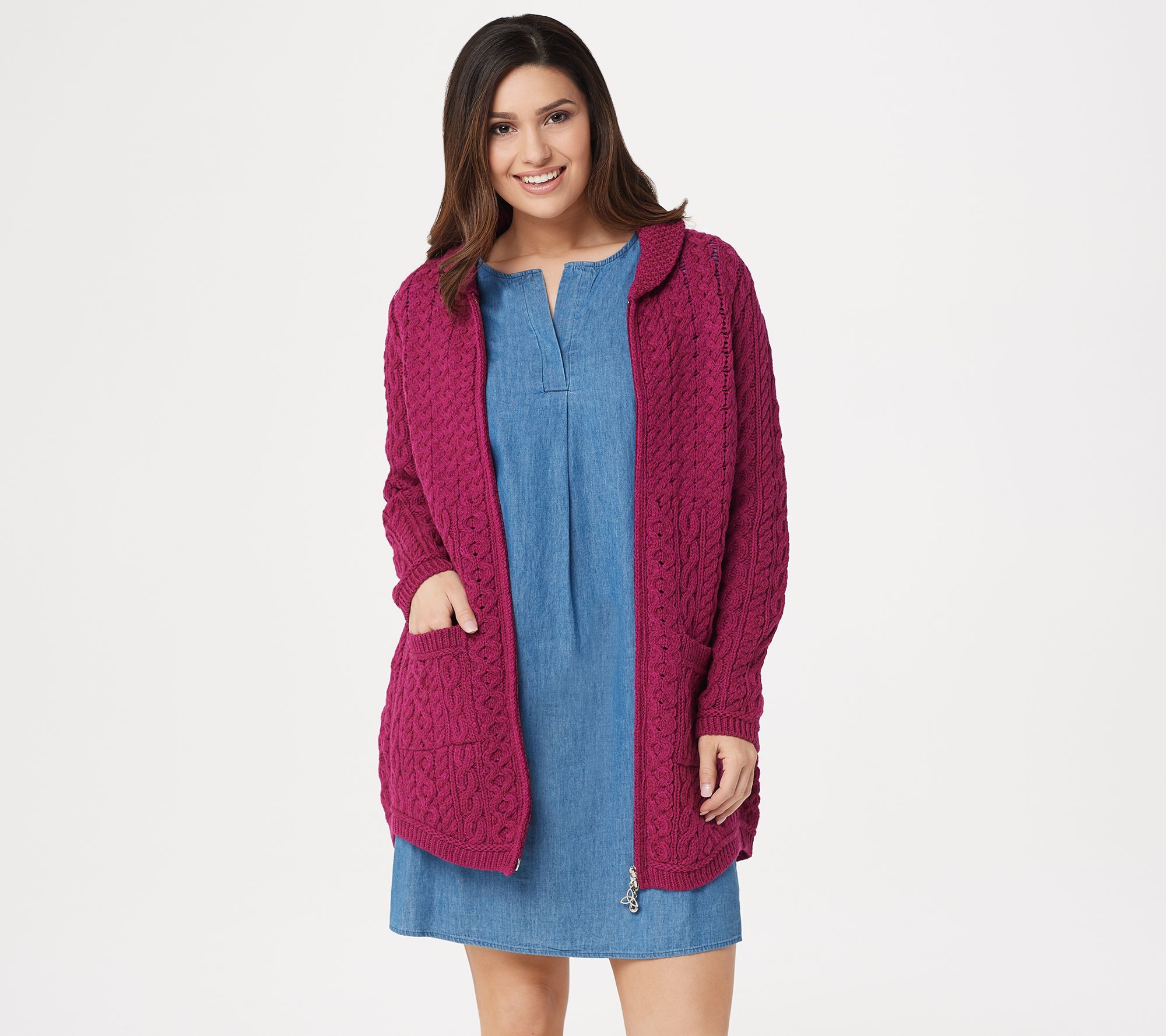 aran craft merino wool asymmetric zip front sweater