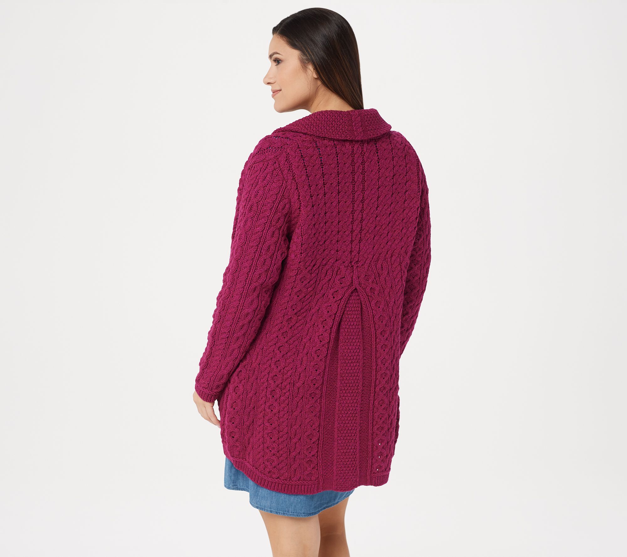 aran craft merino wool asymmetric zip front sweater