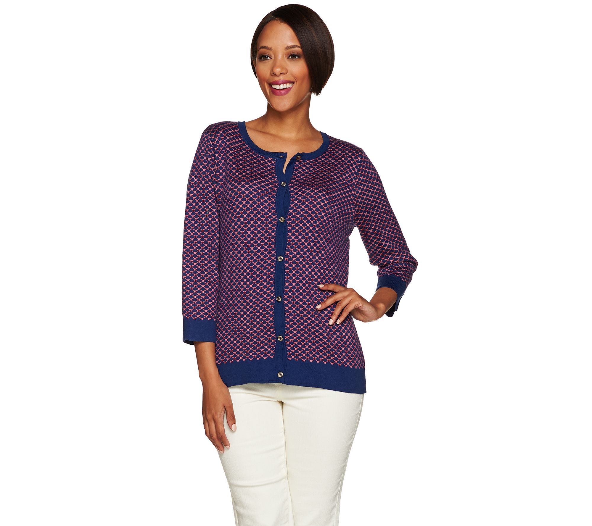 C. Wonder 3/4 Sleeve Scallop Pattern Jacquard Knit Cardigan Page 1