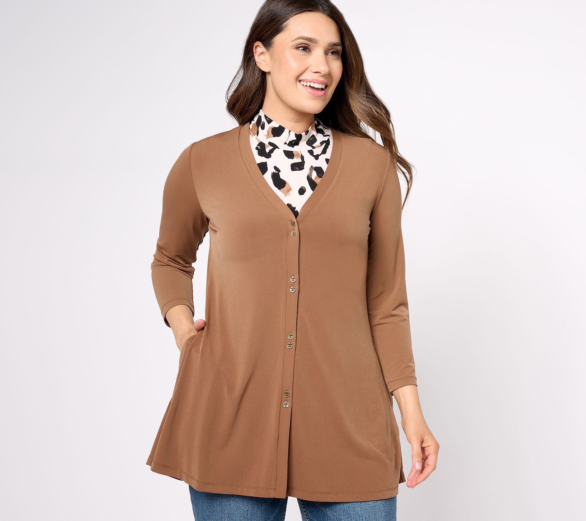 Susan Graver Reg Solid Lqd Knt A-Line Cardigan & Prnt Tank Set