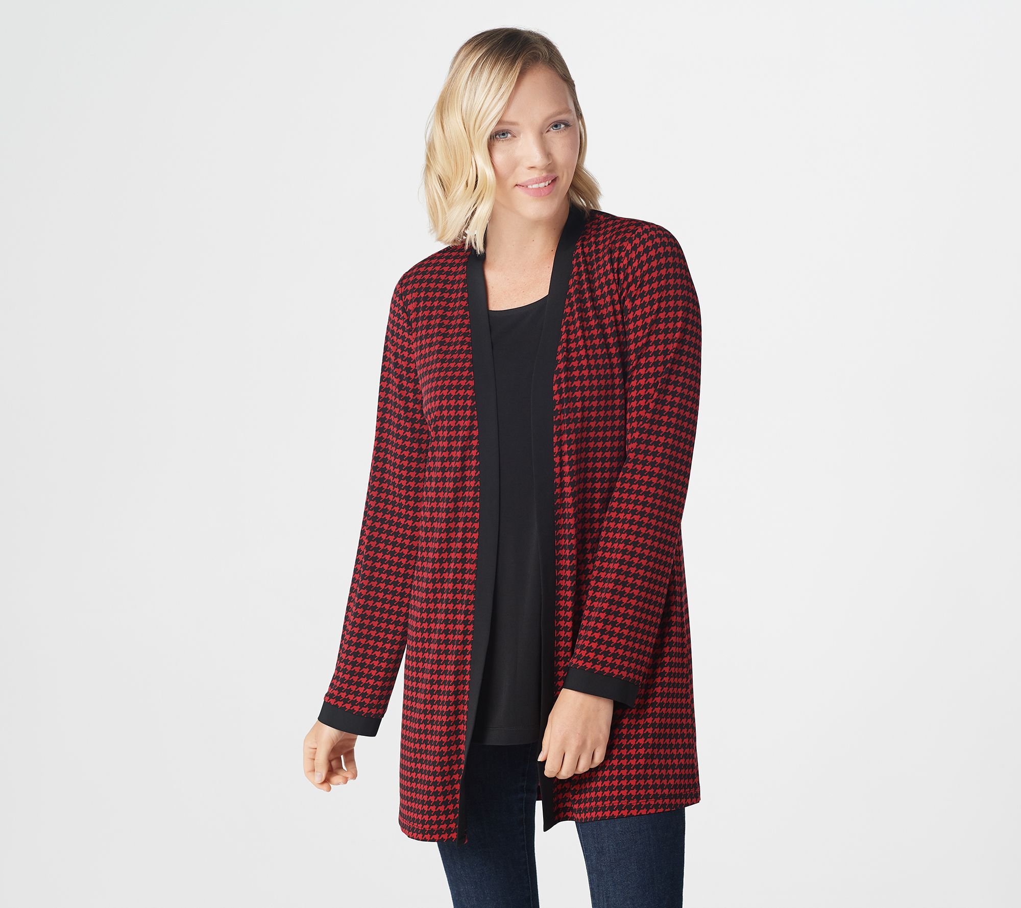 "As Is" Susan Graver Printed Liquid Knit Cardigan with Solid Trim