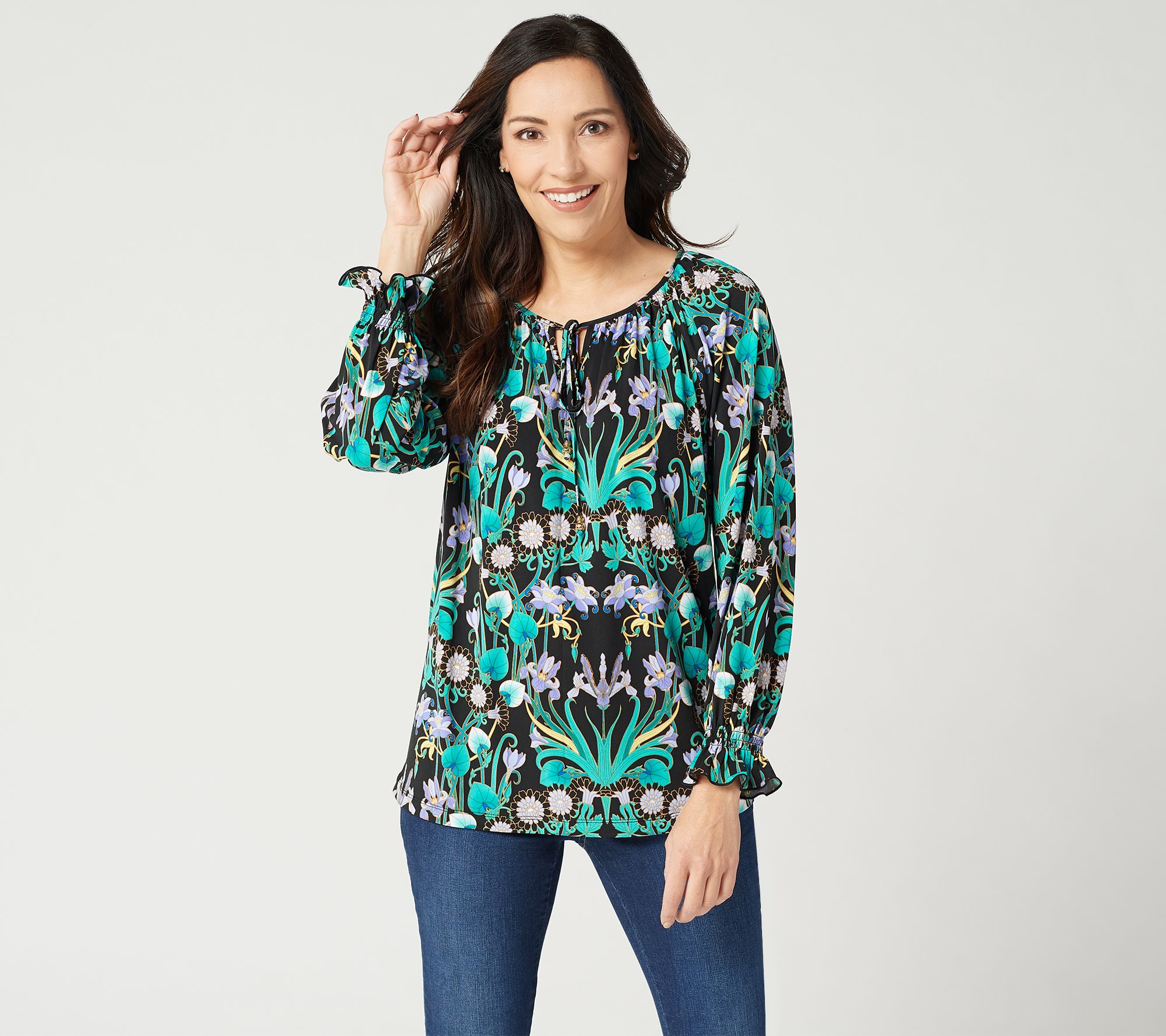 Susan Graver Printed Liquid Knit Long Sleeve Peasant Top —