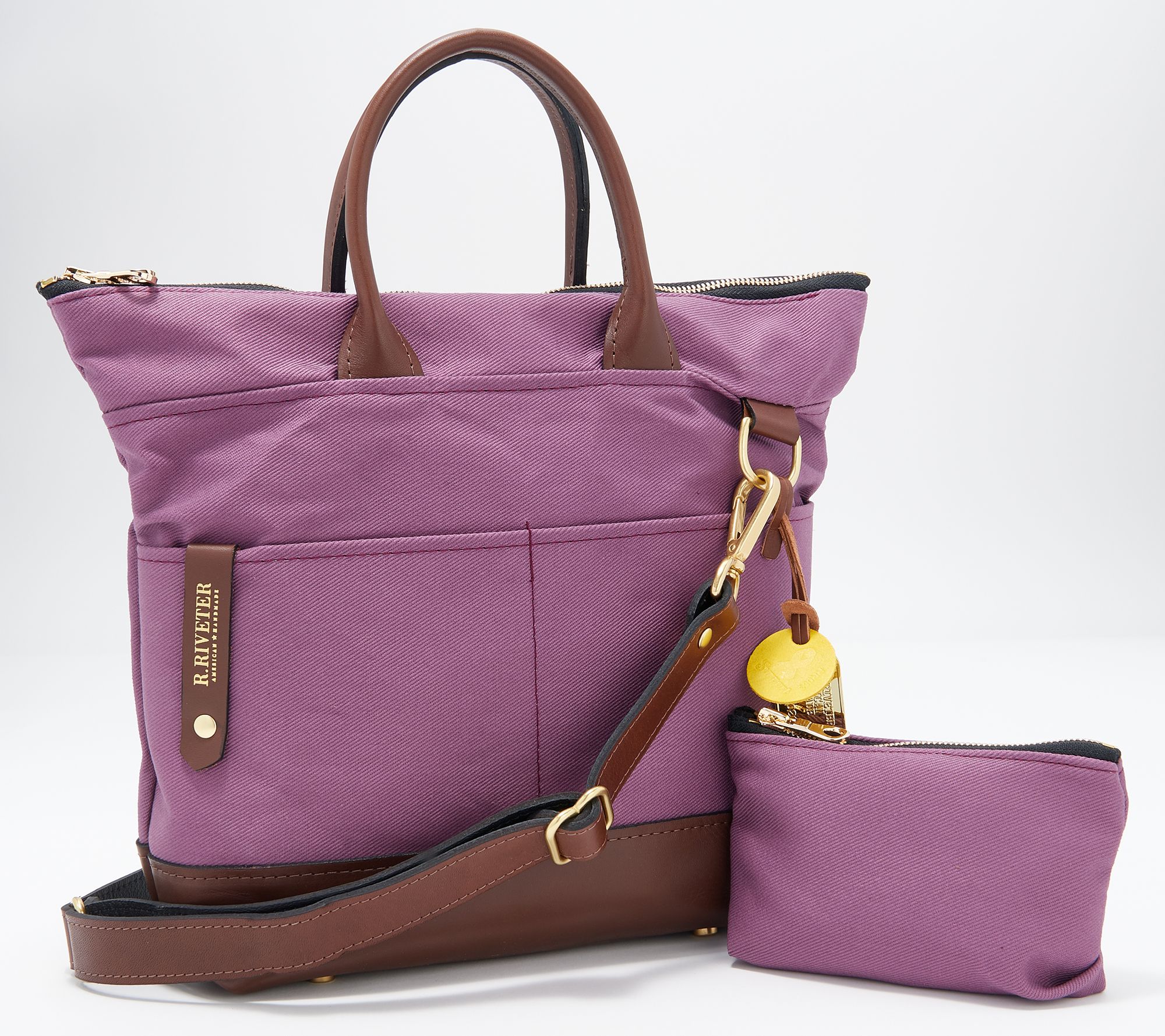 (QVC) R.Riveter Carry All Canvas Tote w/ Leather Trim & Pouch Otto