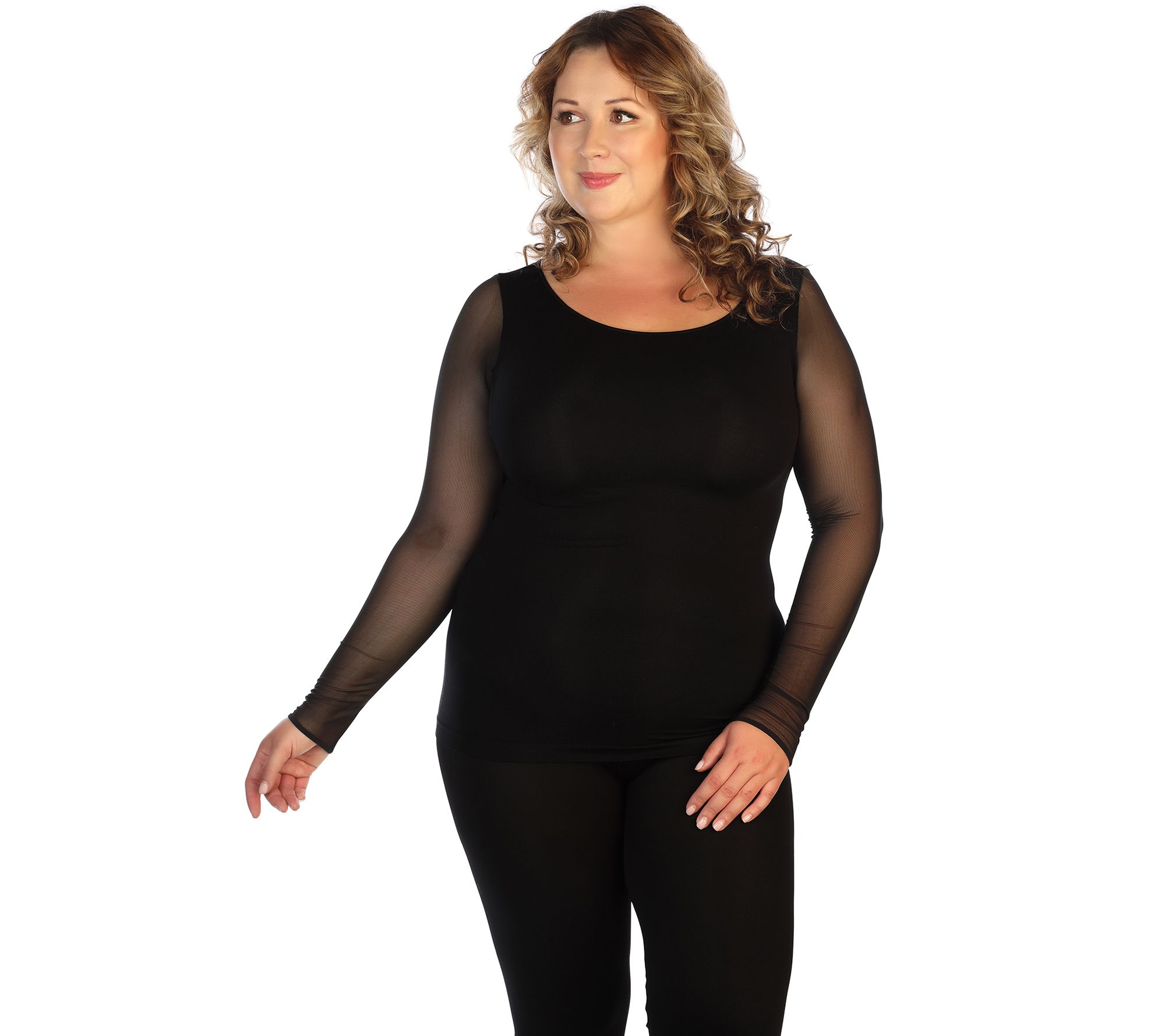 skinnytees Crew Neck Top with Mesh Sleeves - Pl us