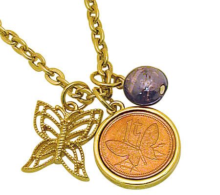 Goldtone Butterfly Coin and Charm Pendant