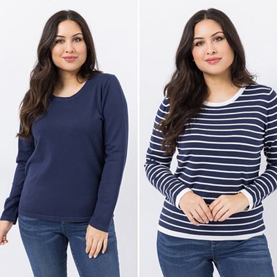 DENIM & CO. Doppelpack Pullover Rundhalsausschnitt uni & gestreift figurumspielend