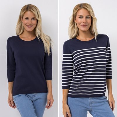 DENIM & CO. Doppelpack Pullover 3/4-Arm Rundhalsausschnitt gestreift & uni