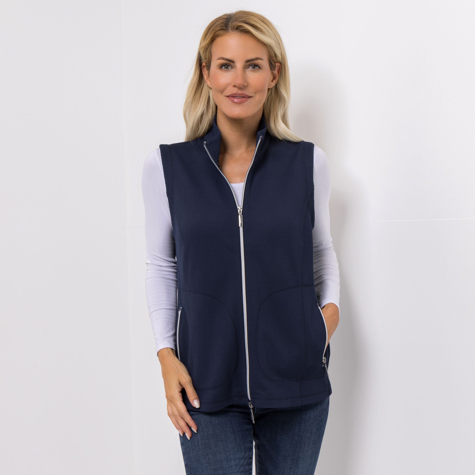 DENIM & CO. Weste Stehkragen Eingrifftaschen 2-Wege-Reißverschluss