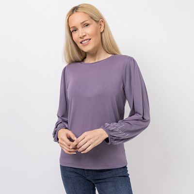 VIA MILANO Shirt, 1/1-Arm Rundhalsausschnitt Steinchen-Details figurumspielend