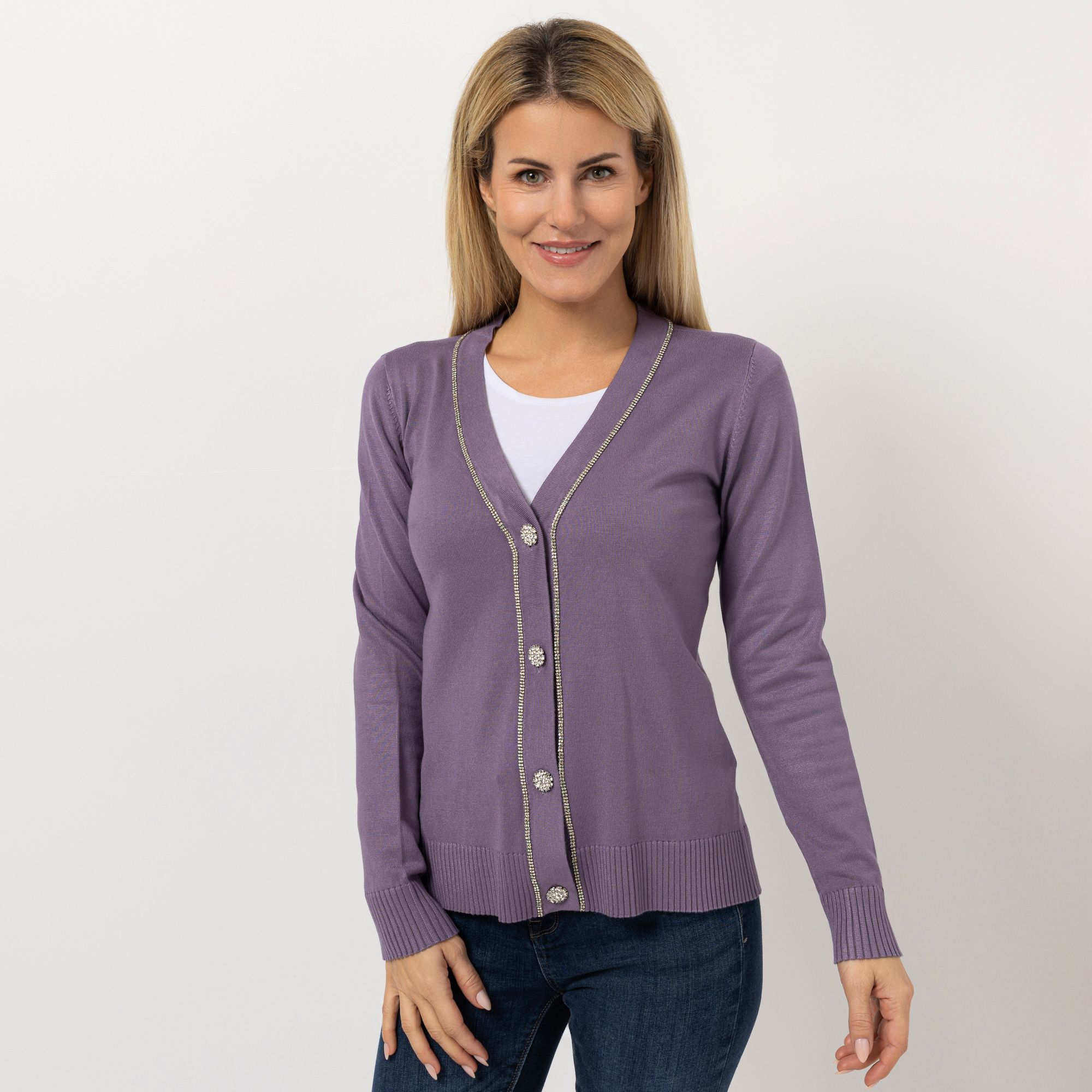 VIA MILANO Cardigan, 1/1-Arm V-Ausschnitt Knopfleiste Zierkette