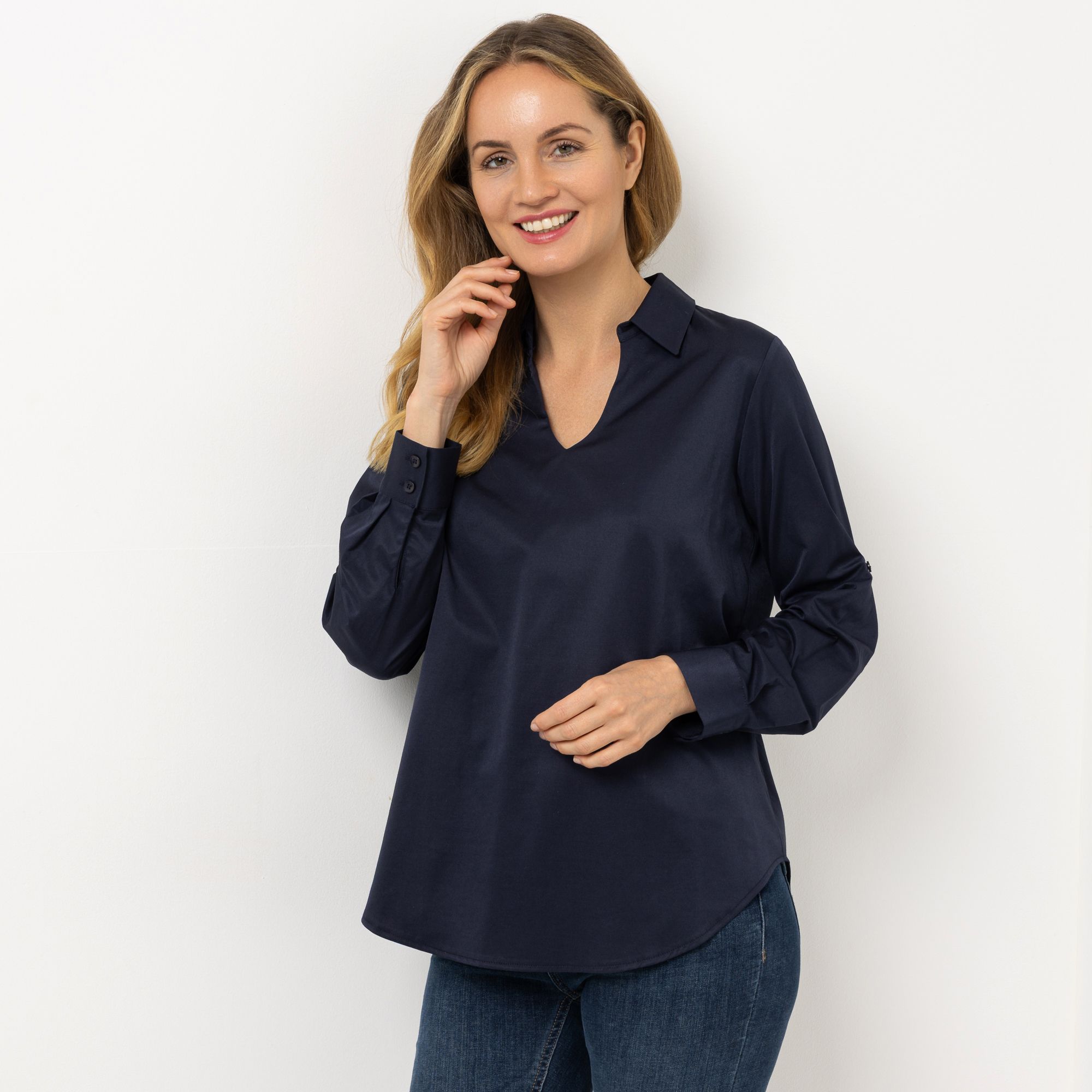 DENIM & CO. Bluse, 1/1-Arm Hemdkragen mit V-Ausschnitt leger weit